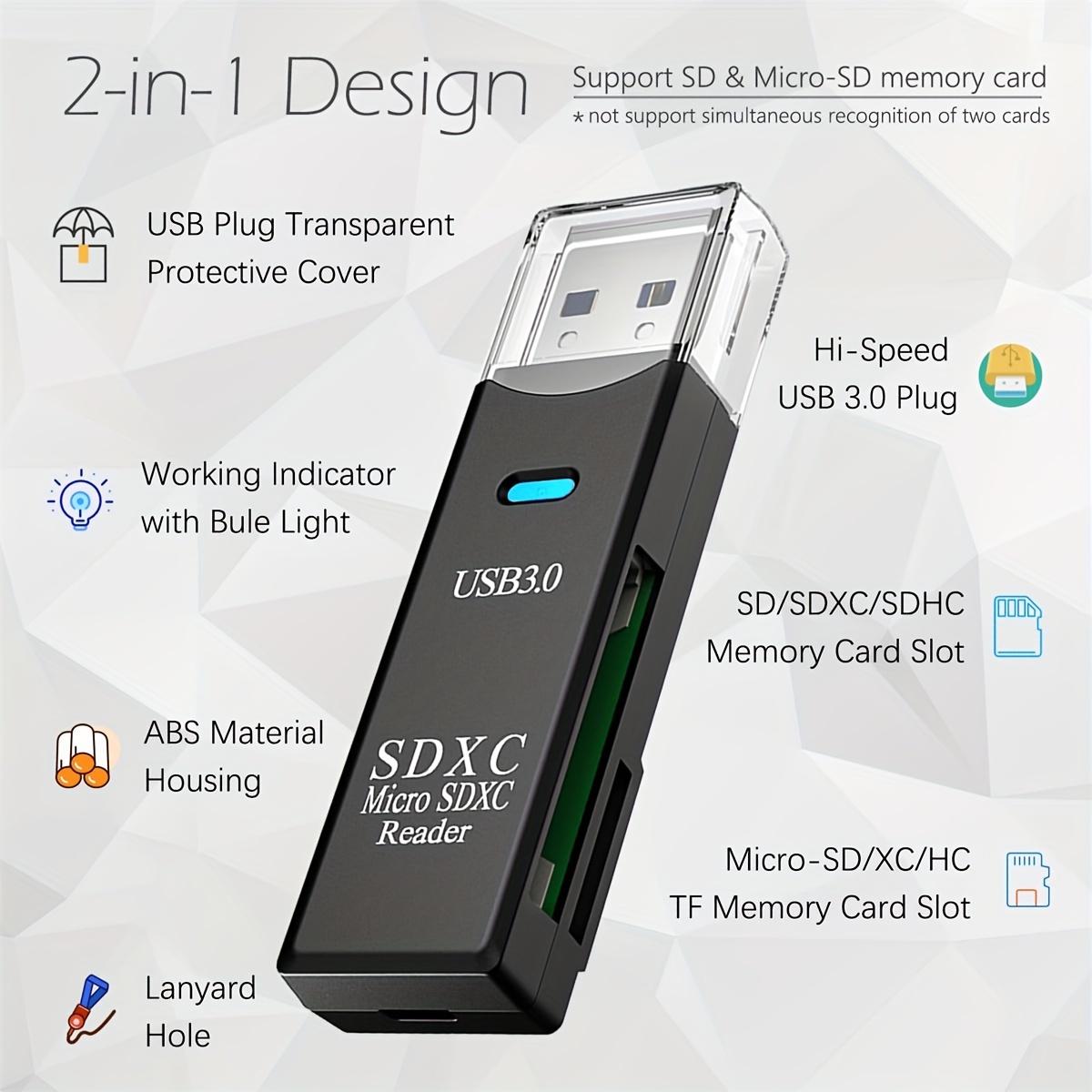 Hama Lettore USB 2.0 8 in 1 slim, SD, SDHC, SDXC, MMC, MMC plus, miniSD,  mini SDHC, microSD, microSDHC, trasparente, blister