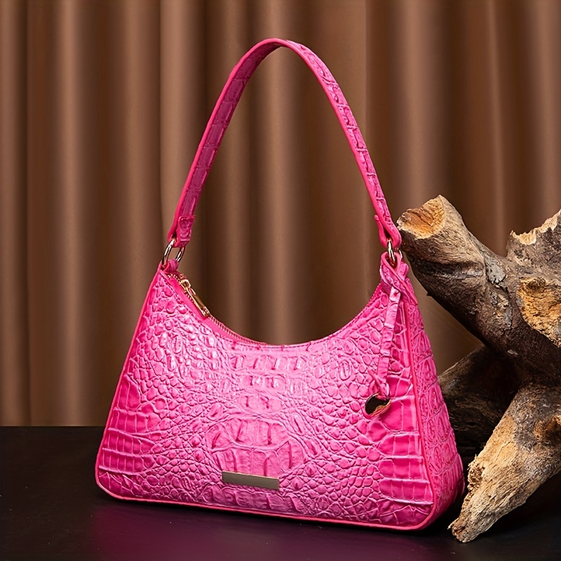 Crocodile Embossed Baguette Bag Hot Pink Fashionable Shoulder Bag