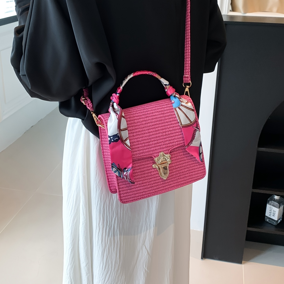 Stylish Pink Crossbody Bag with Scarf Decor