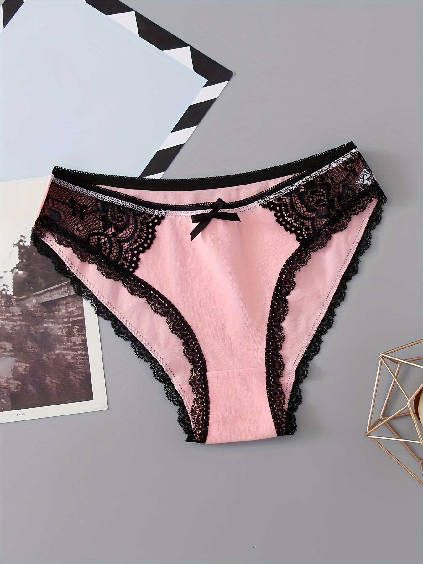 Bow Contrast Lace Bikini Panties Comfy Colorblock Elastic - Temu