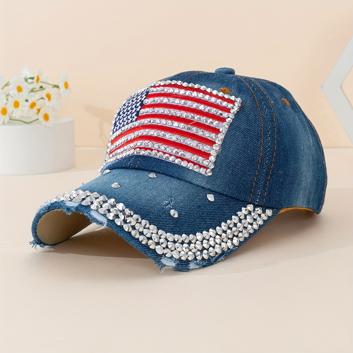 

Rhinestone Usa Flag Fashion Baseball Cap, Curved Brim Adjustable Sunshade Patriotic Denim Sun Hat For Outdoor