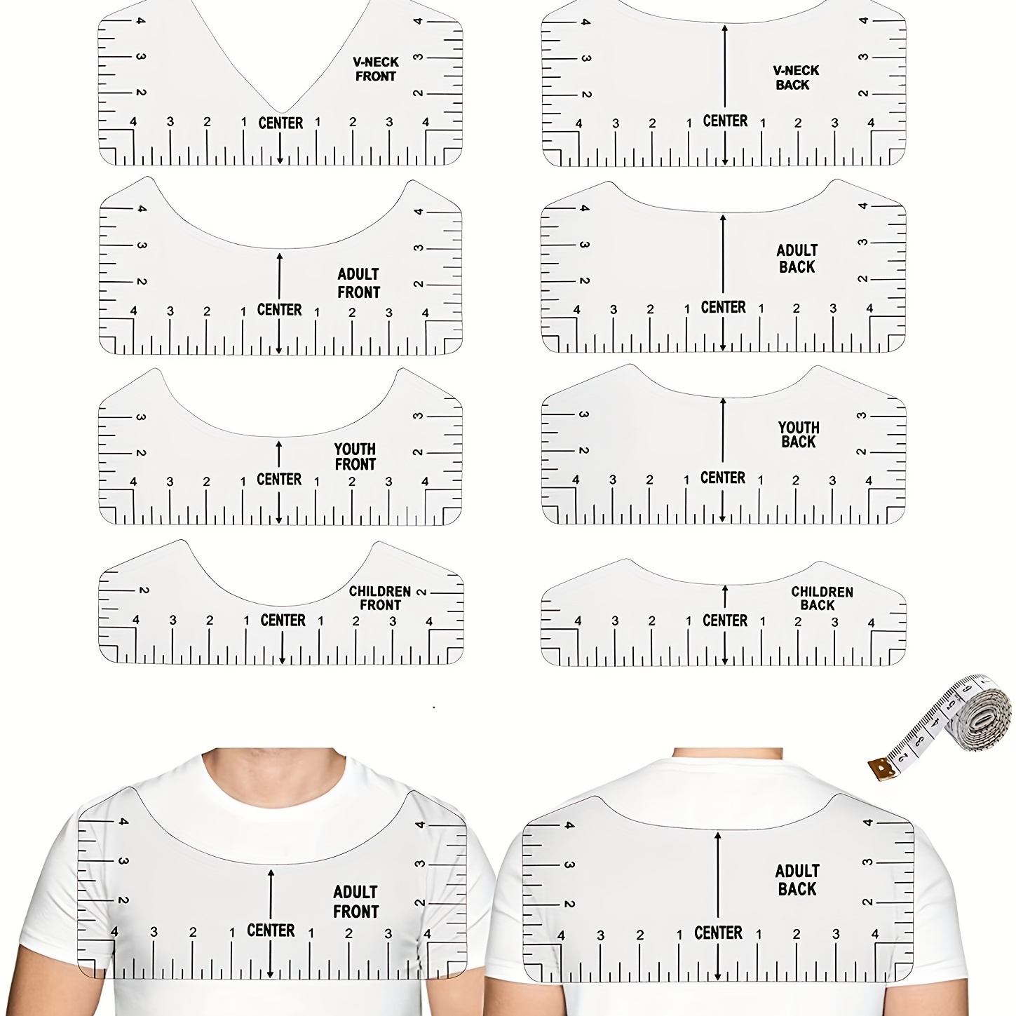 9-piece T-shirt Ruler Guide For Vinyl Alignment, T-shirt Ruler For Heat  Pressing, T-shirt Ruler For Center Vinyl, Clear V-neck/round Pvc Ruler For  Kid