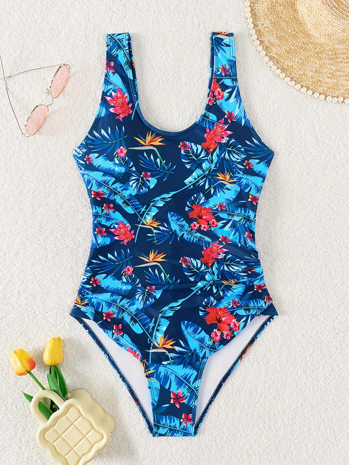 Tropical Print Scoop Neck Swimsuit High Stretch - Temu Canada
