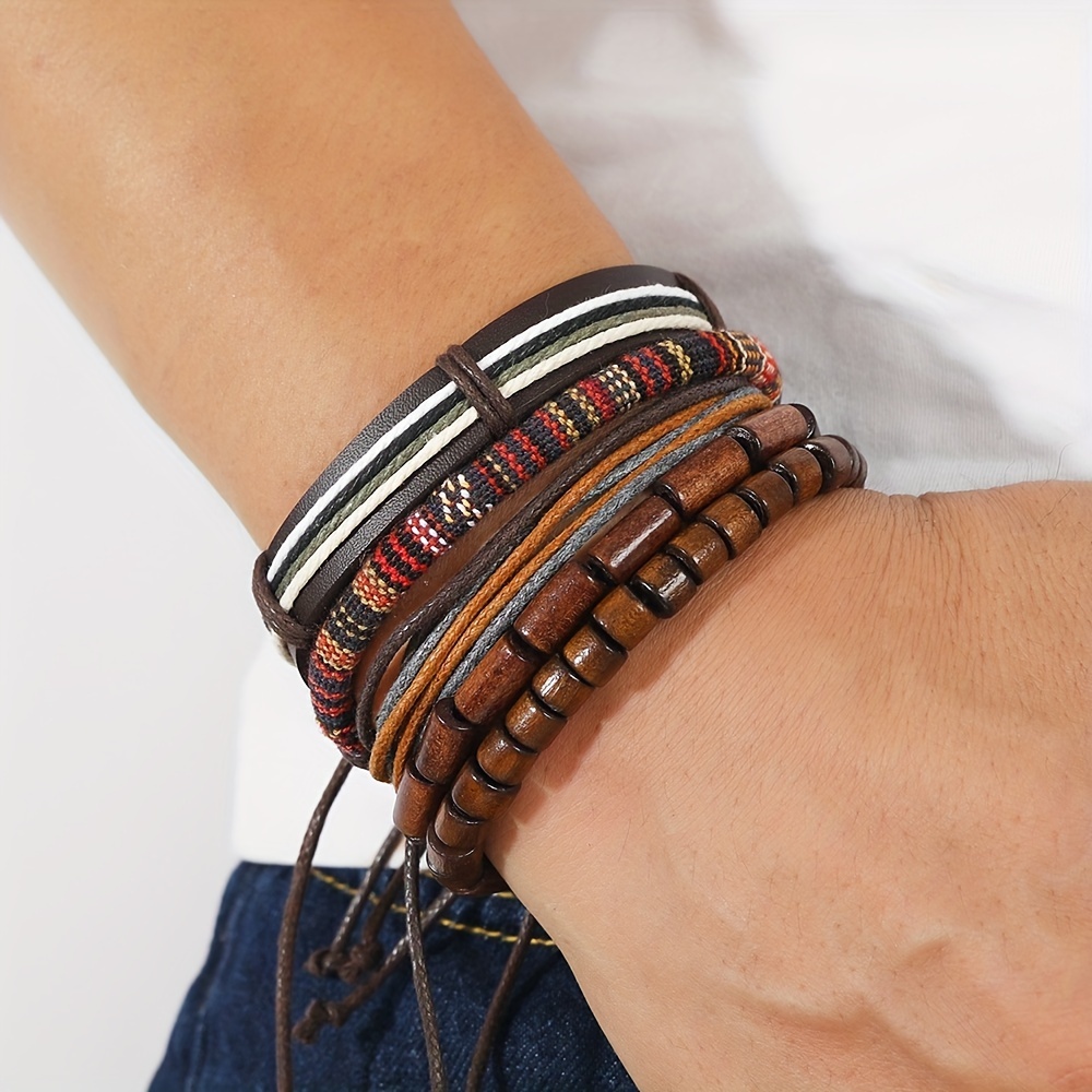 5pc Boho Style Braided Bracelet Set, Vintage Leather