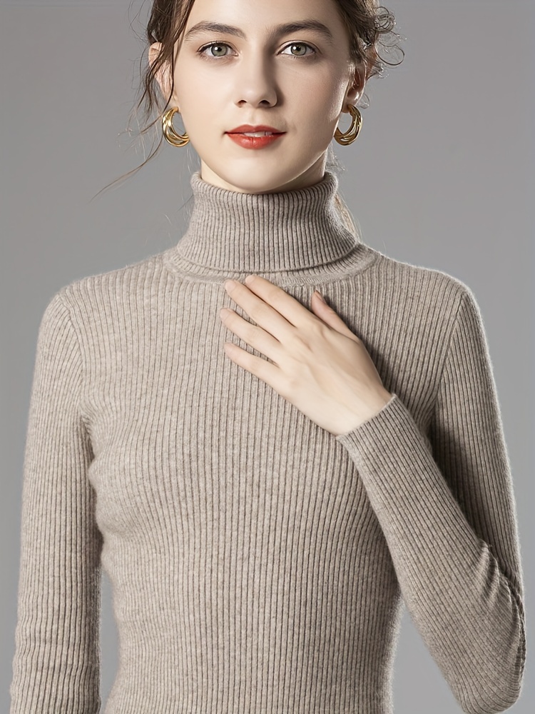 Solid Turtle Neck Knitted Top Casual Long Sleeve Slim Basic - Temu 