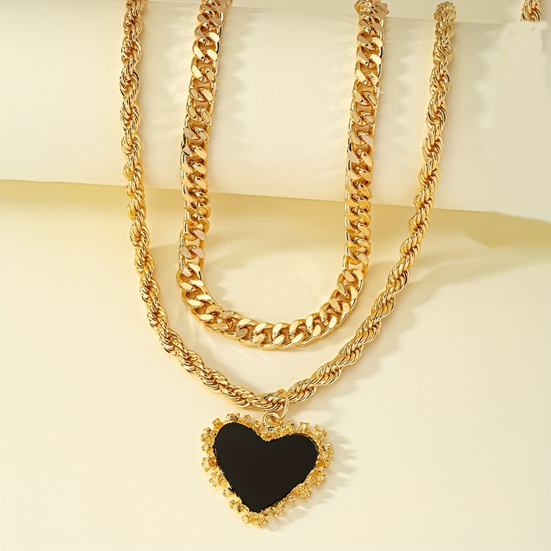 trendy stainless steel double layer heart shaped necklace hip hop niche pendant clavicle chain gift jewelry details 2