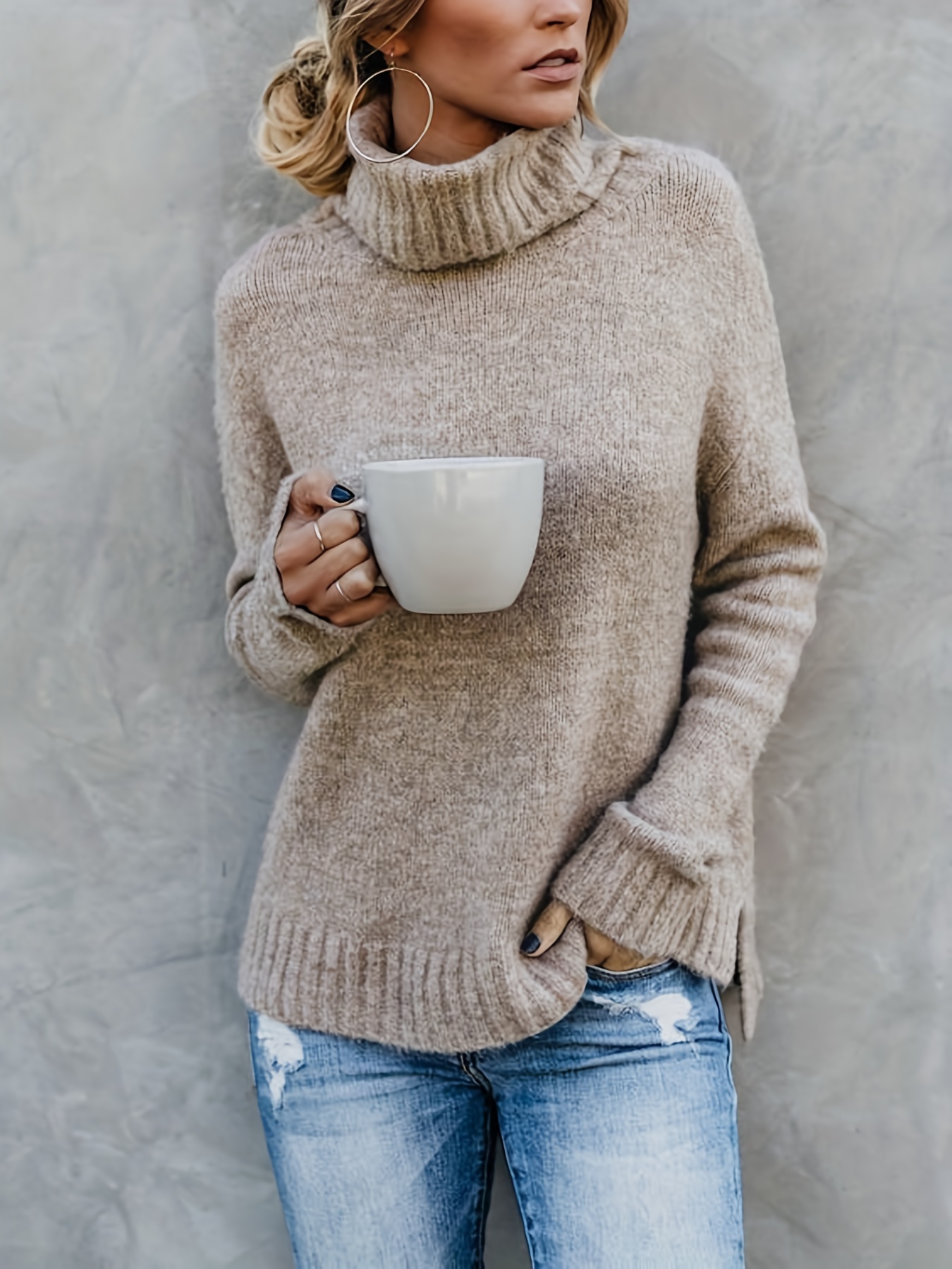 Solid Turtle Neck Pullover Sweater, Casual Long Sleeve Split