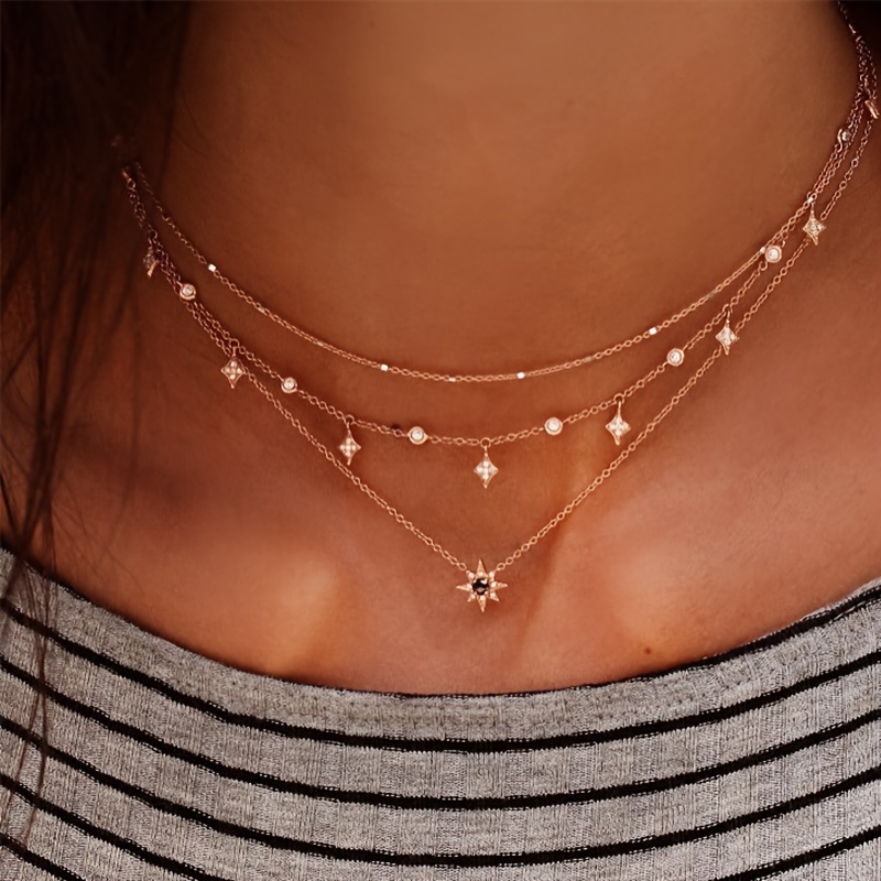 

Cute Star Pendant Necklace Trendy Layered Golden Alloy Collarbone Chain Boho Jewelry For Women For Eid, Ramadan