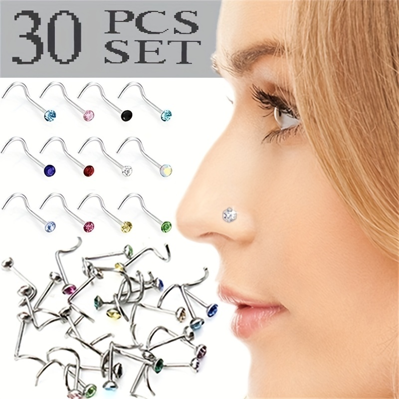 30 Pcs 2mm Rhinestone Nose Screw Ring Piercing Studs, Unisex