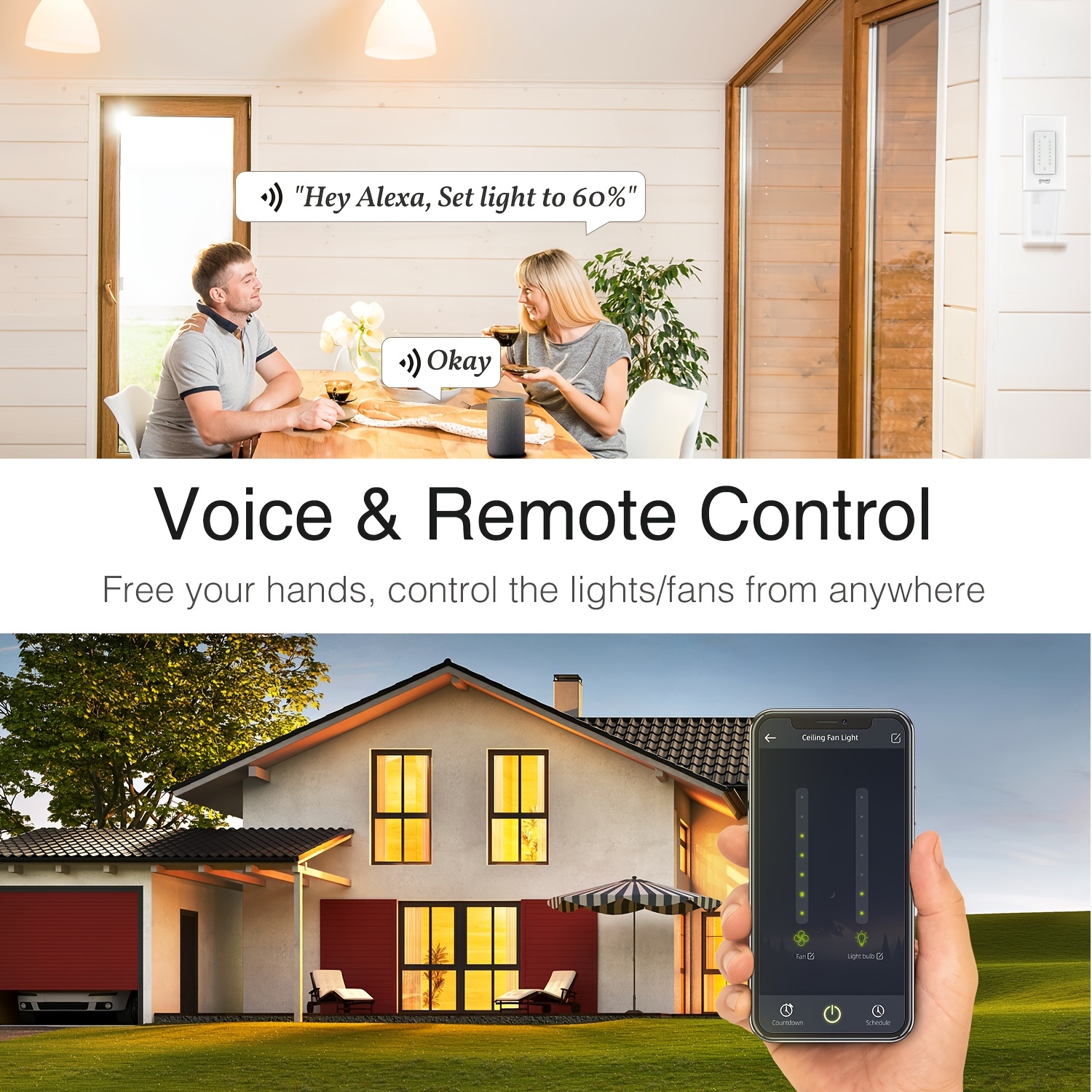 Smart Dual Dimmer Compatible with Alexa and Google Home, Single-Pole WiFi  Smart Light Switch with Timer Remote and Voice Control, Neutral Wire  Required