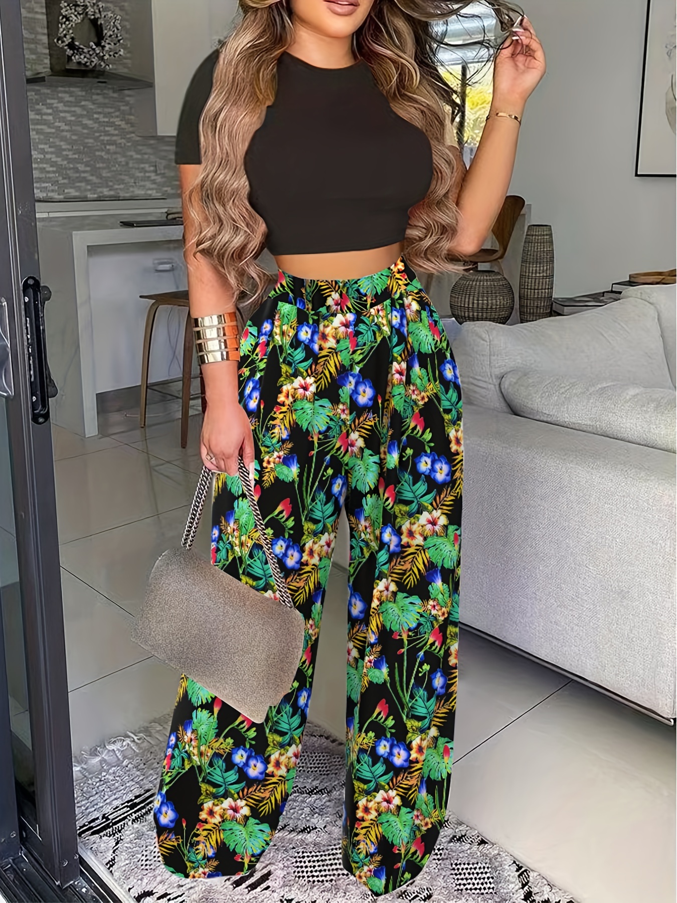 Printed Two Piece Womens Outfit: Casual Shirt And Wide Palazzo