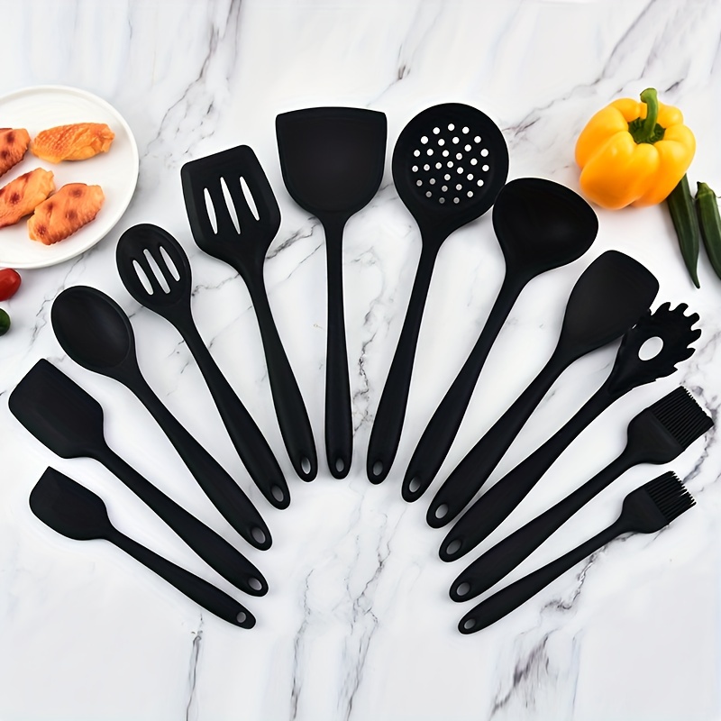 12PCS Kitchen Utensil Set Black, Silicone Cooking Utensils Set Non