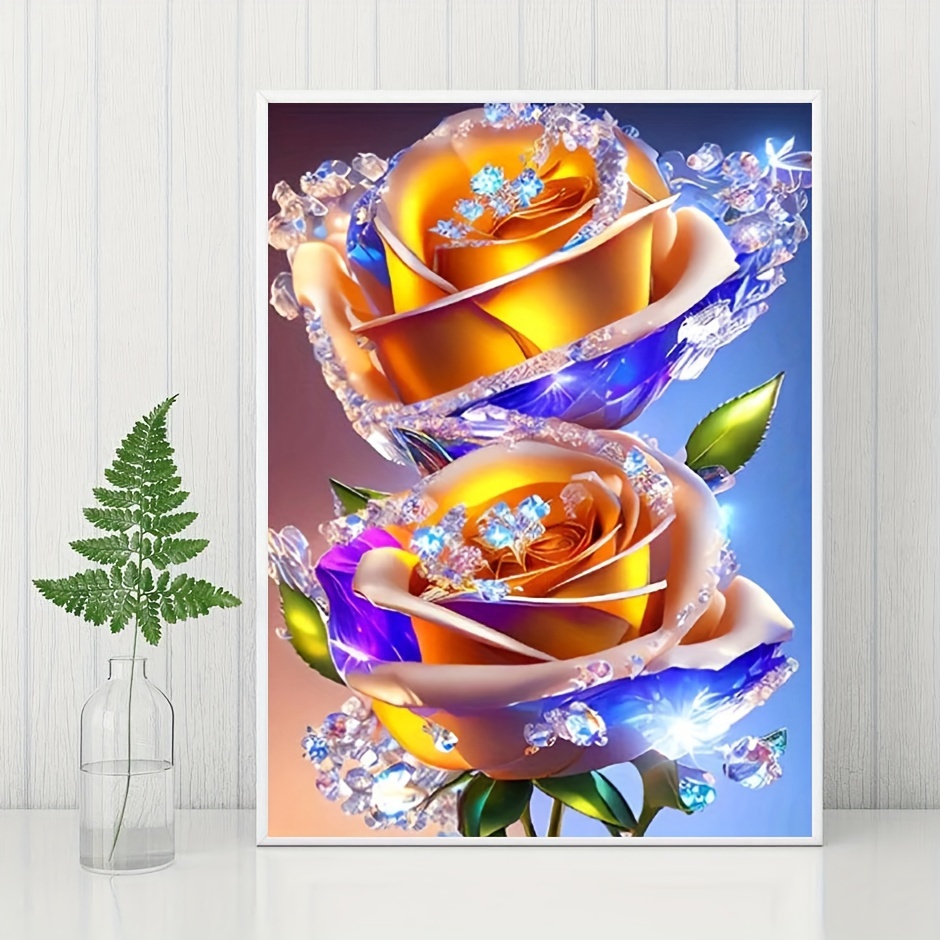 

5d Diy Diamond Painting Glowing Blue And Gold Rose Painting Full Diamond Diamond Embroidery Set Round Diamond Mosaic Cross Stitch Gift