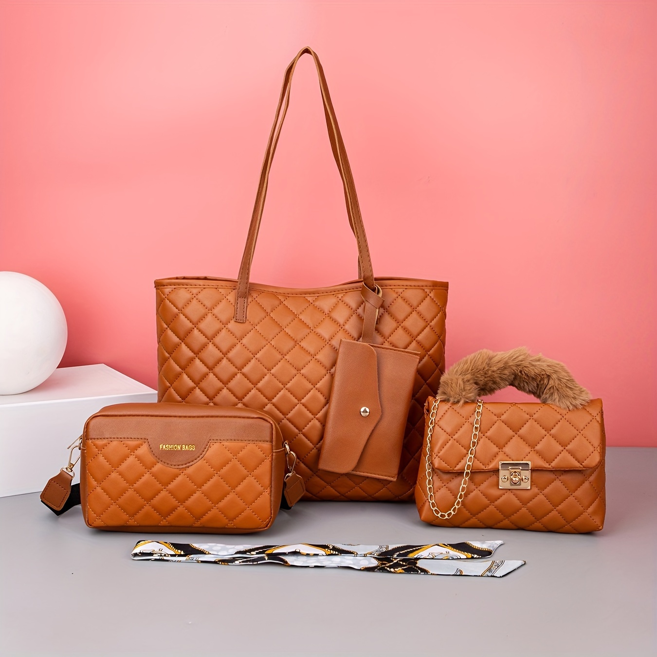 Quilted Detail Bag Sets, Solid Color Tote Bag With Shoulder Chain Bag &  Purse, Classic Bags With Scarf Decor - Temu