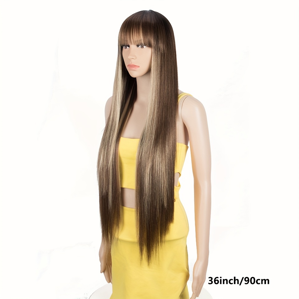 Synthetic Blonde Wigs Bangs Extra Long Straight Hair Silky Temu