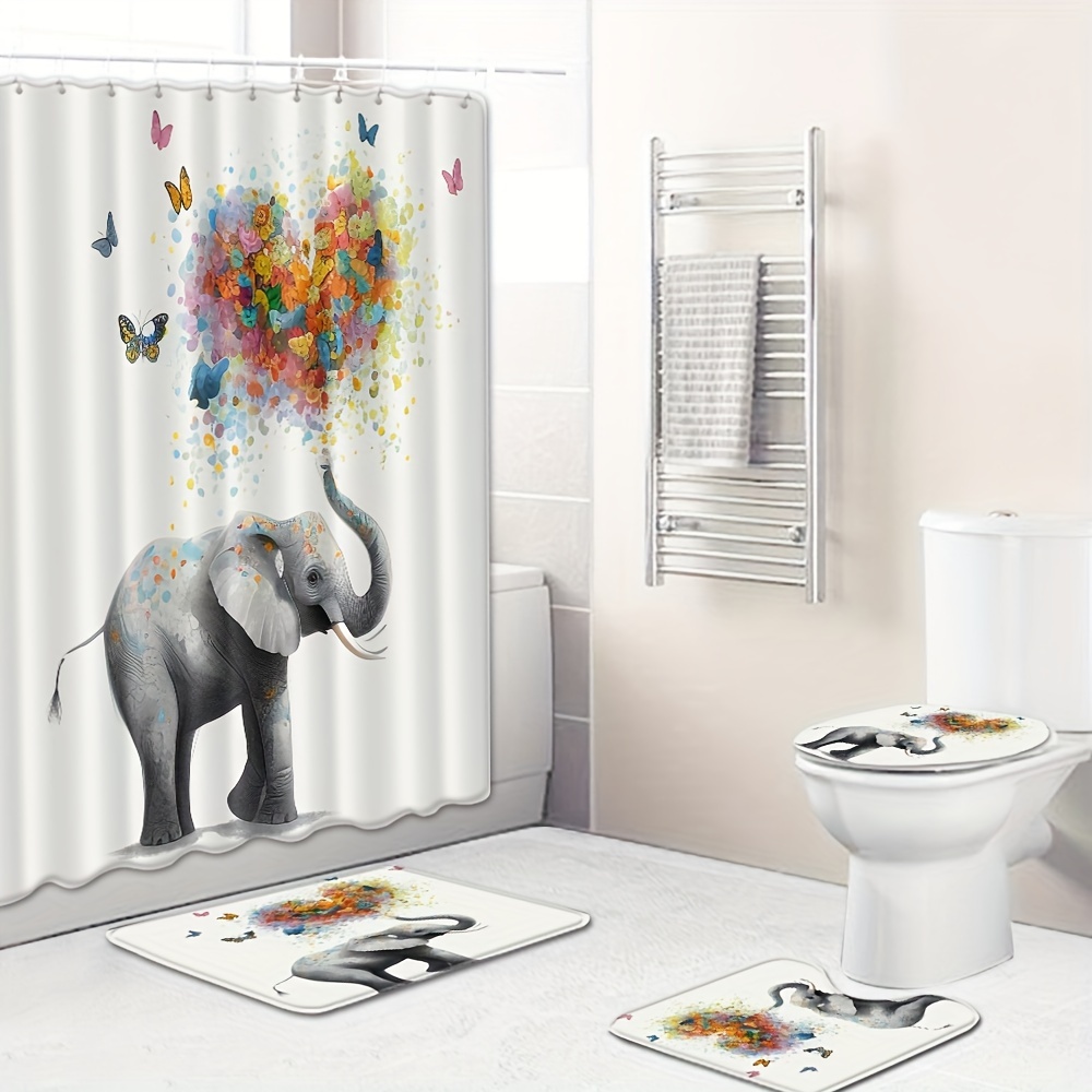 

Chic Elephant & Bathroom Set - Waterproof Shower Curtain With 12 Hooks, Non-slip Bath Mat, U-shaped Rug, Toilet Lid Cover - Machine Washable, Decor