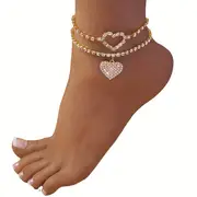 double layers bling bling rhinestones chain anklet double hollow love heart versatile claw chain ankle bracelet white wedding foot ornament details 7