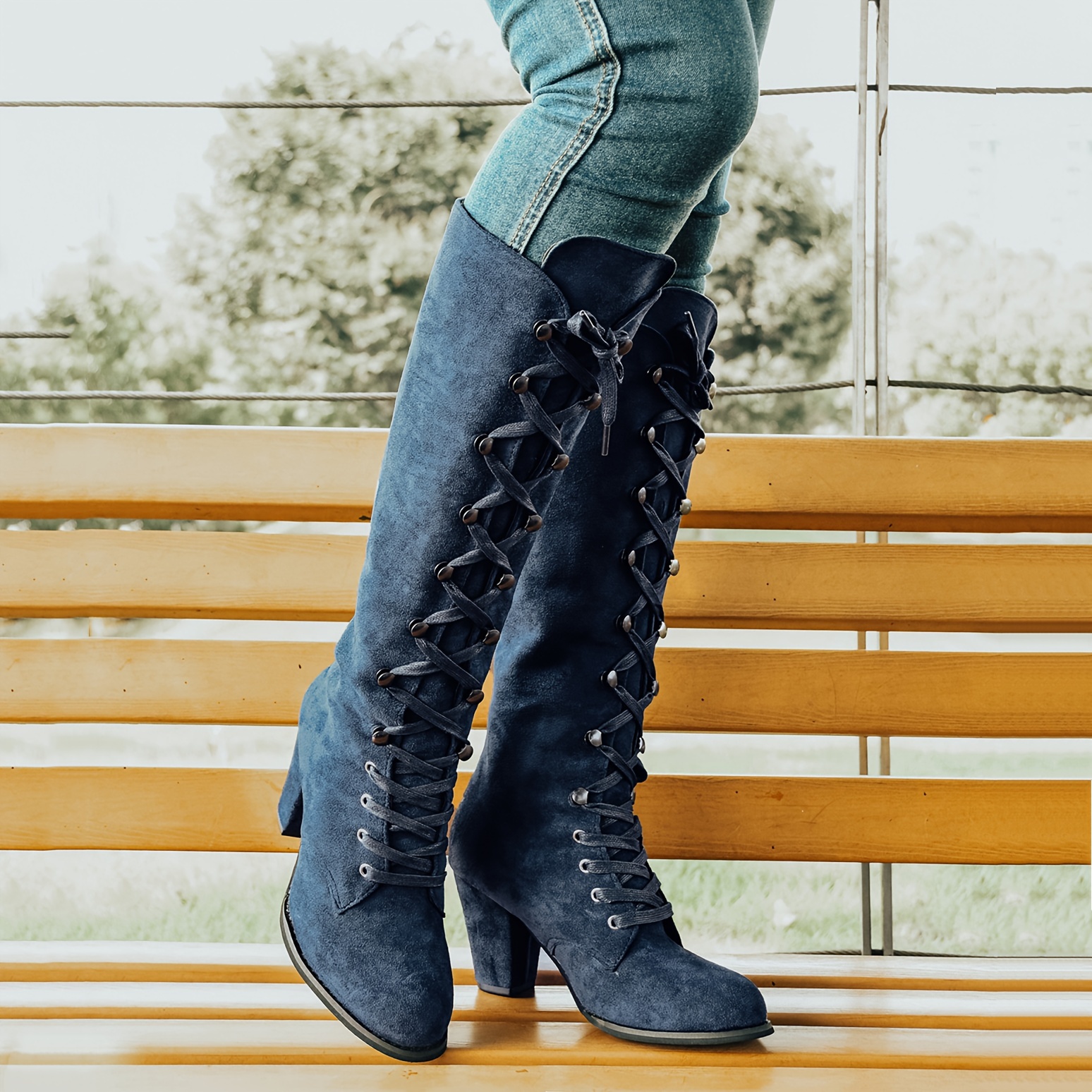 Women's Chunky Heeled Long Boots Lace Up Knee High Boots