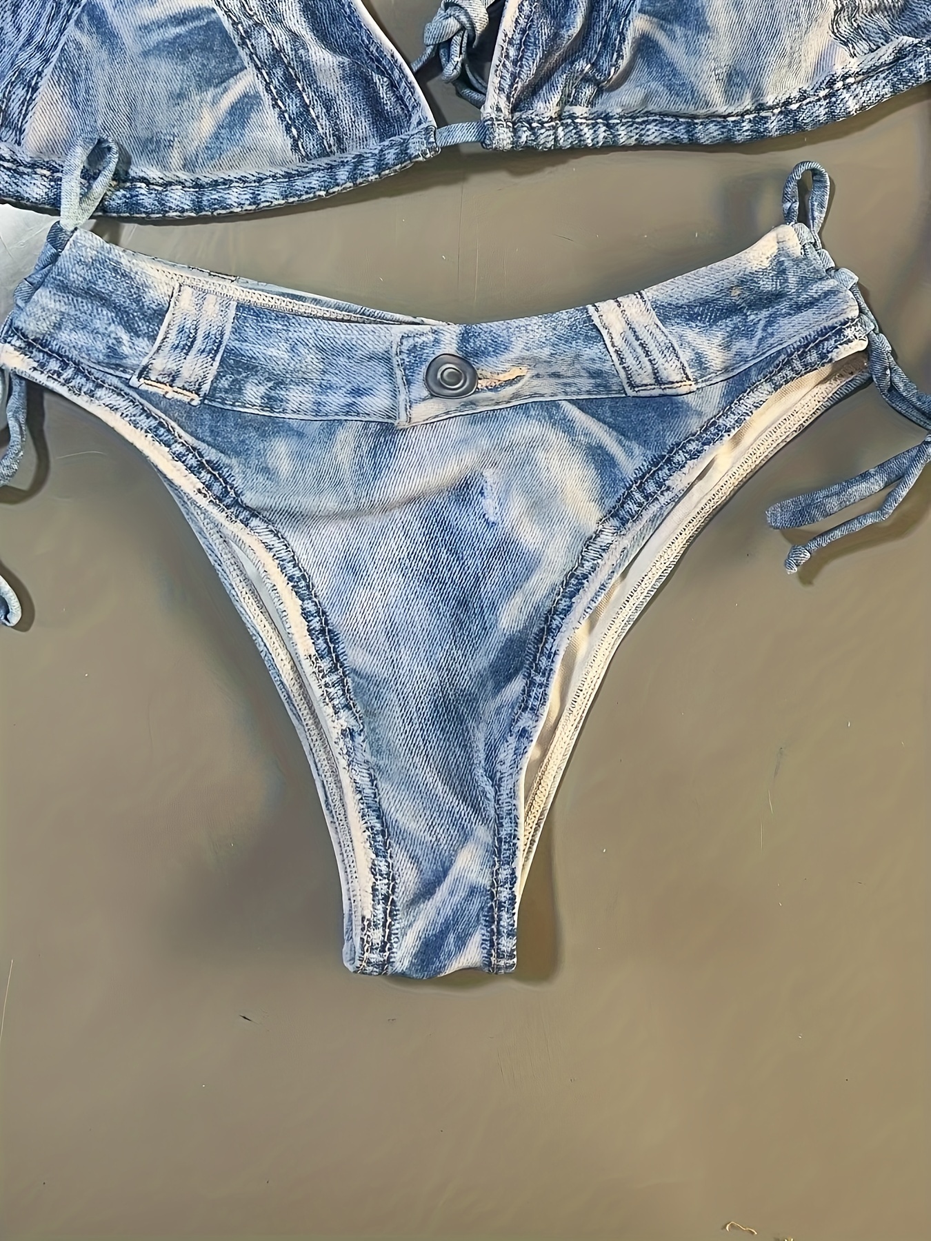 Faux Denim Print Triangle 2 Piece Set Bikini, Tie Strap Halter Backless Swimsuits, Women's Swimwear & Clothing