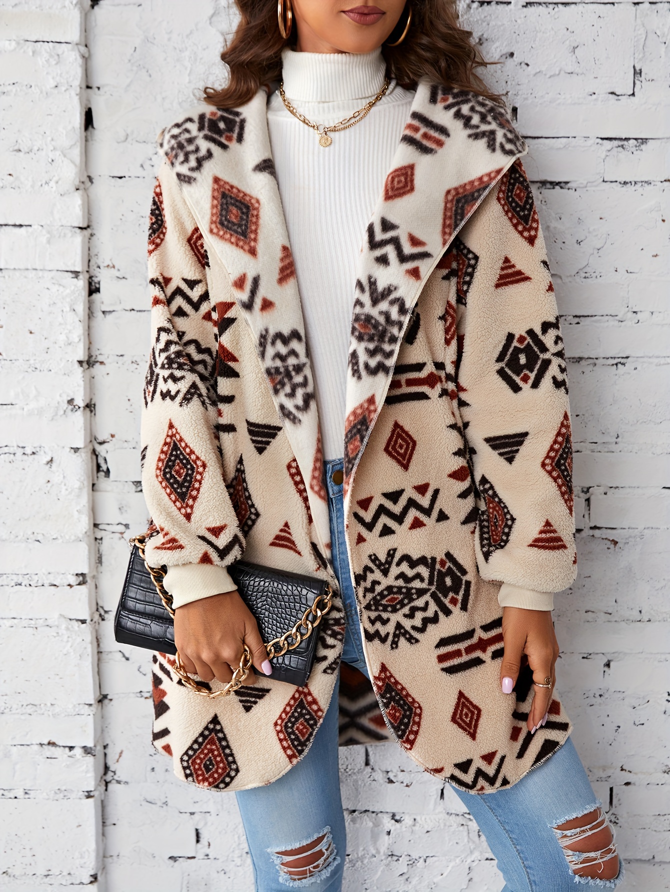 Geo Pattern Open Front Jacket Vintage Long Sleeve Drop - Temu Mexico