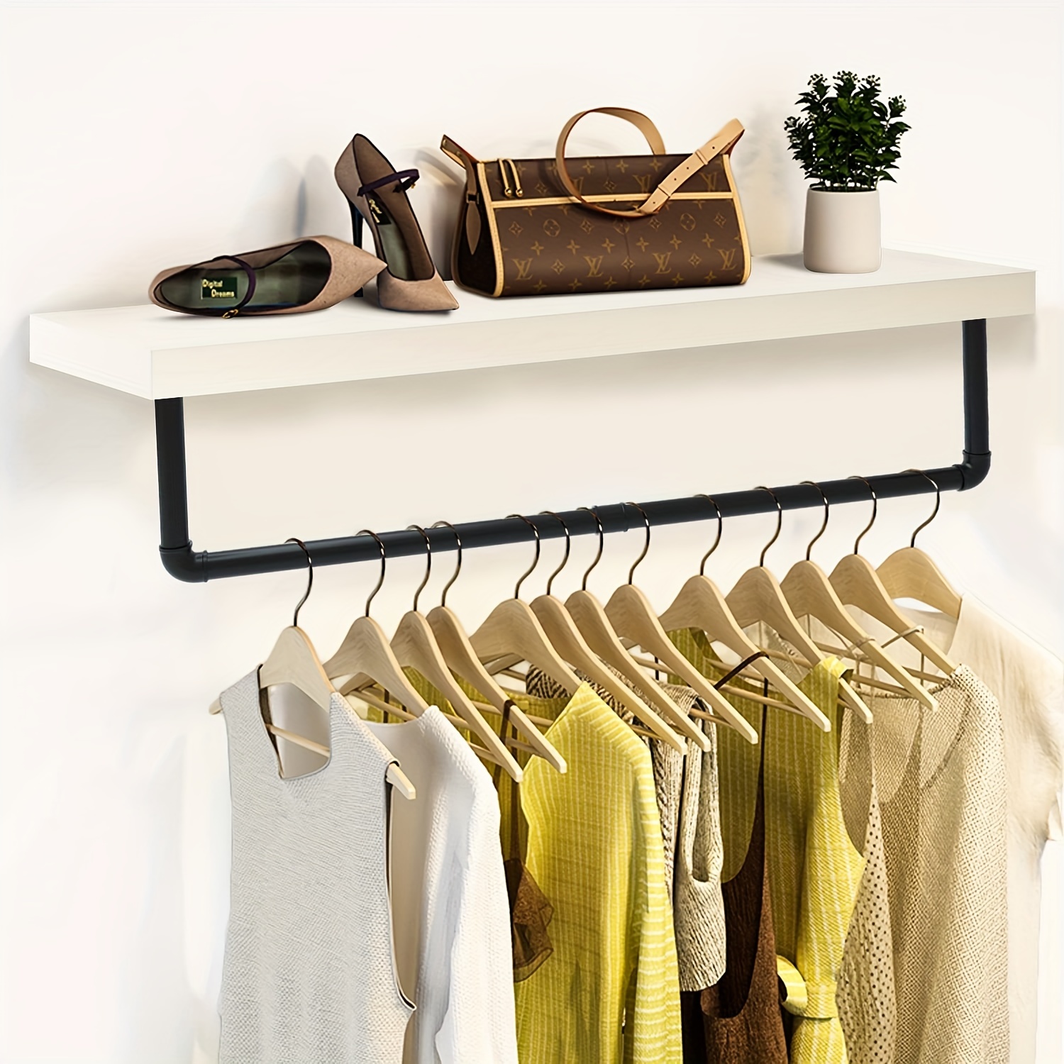 Iron Clothes Rack Hangers with Wood Shelves Heavy Duty Garment