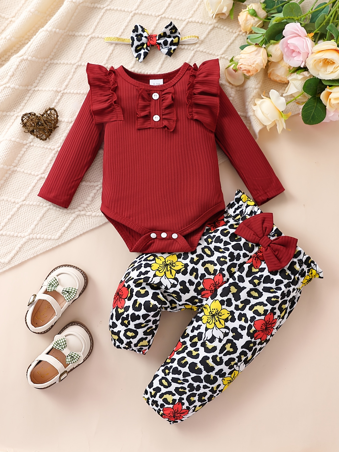 Baby 3pcs Outfits Floral leopard Pants & Ruffle Romper Set