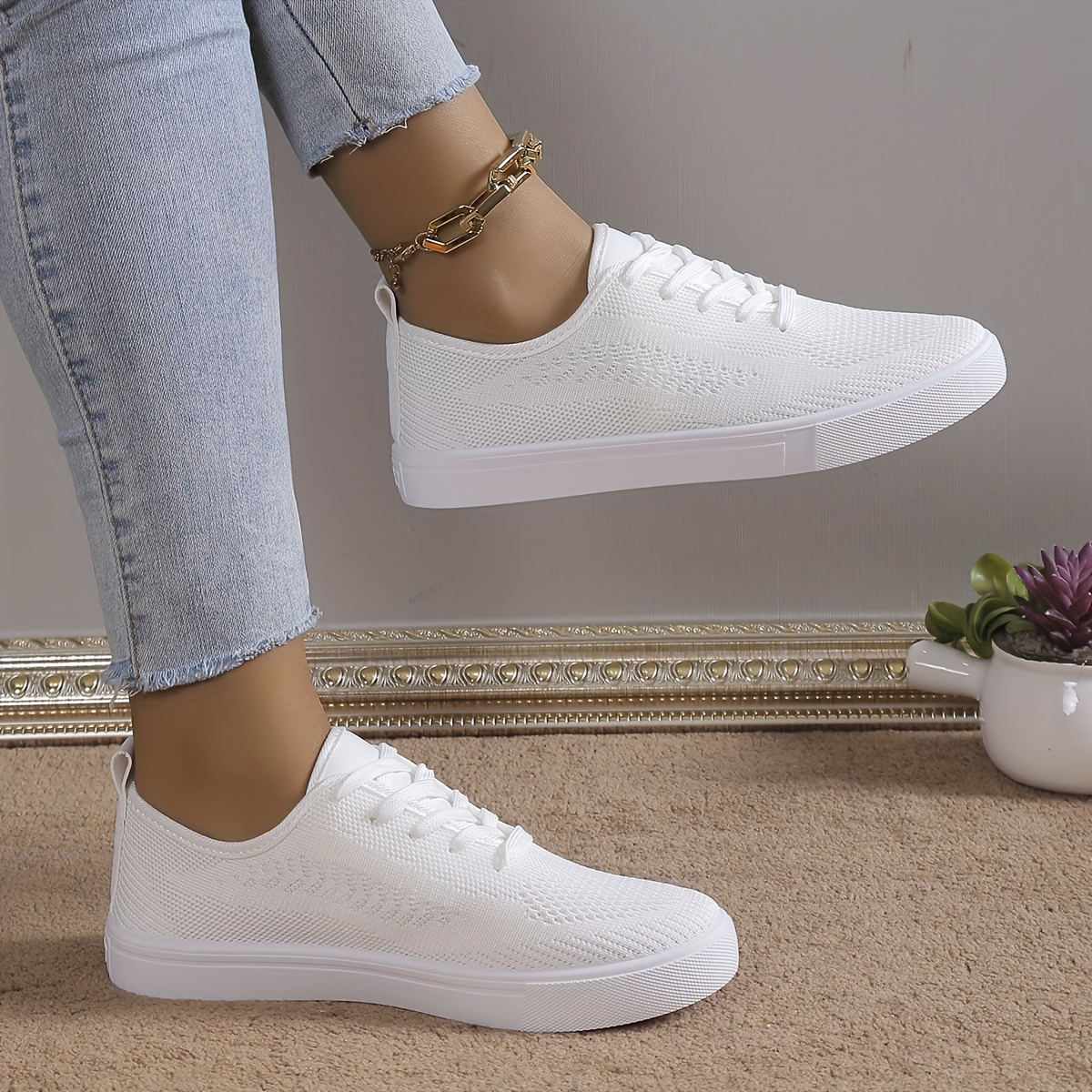 

Women's Whit Knitted Sneakers, Casual Simple Low Top Flat Skate Shoes, Breathable Walking Shoes