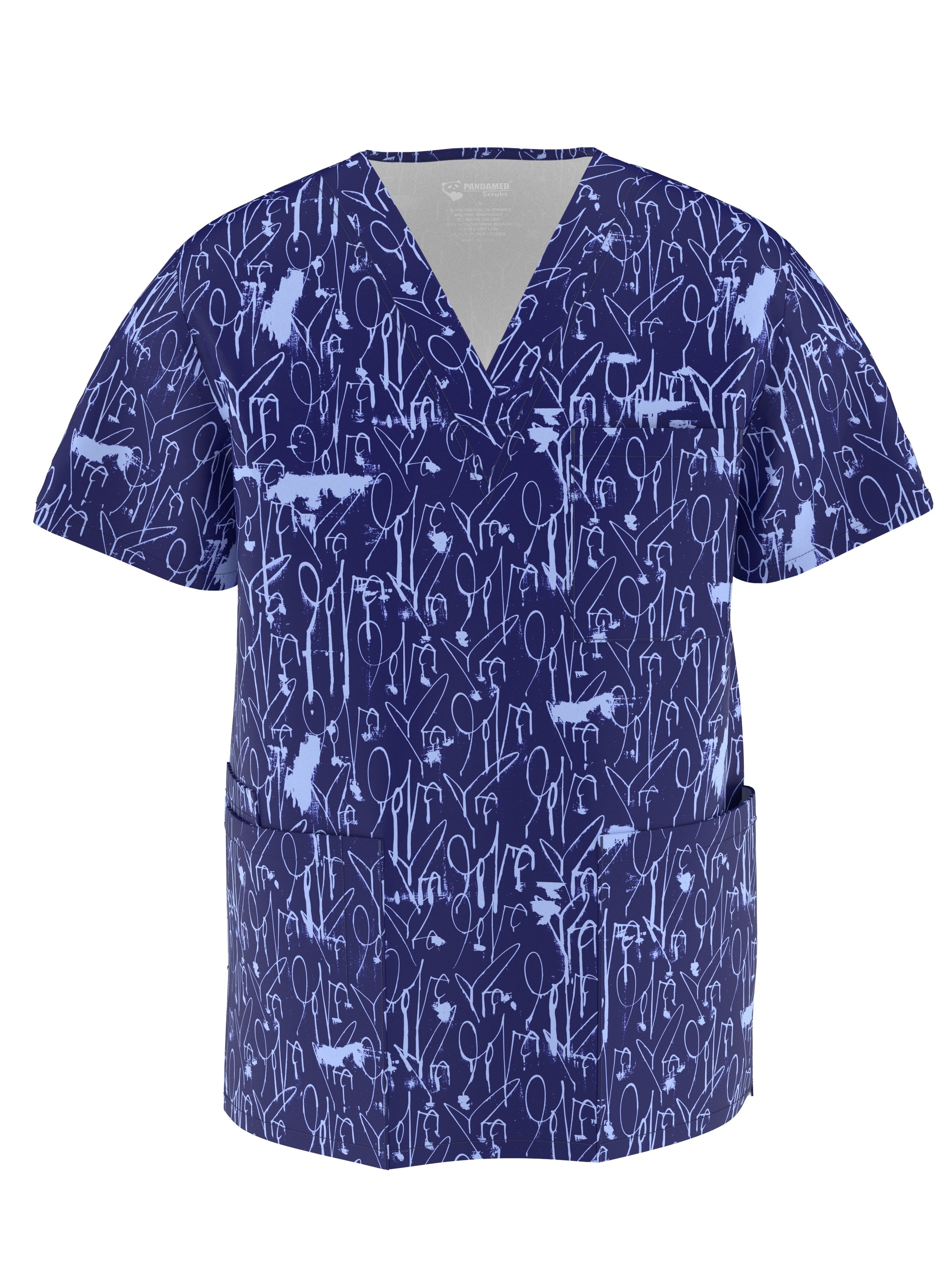 Pandamed Scrubs Unisex Stretch Scrub Top - V-Neck Full-Body Animal & Cactus Print, Navy Blue, Machine Washable with Pockets - Durable Fabric for Healthcare Professionals & Everyday Comfort Wear PSM105 M008, Cute Scrubs, Hospital Attir