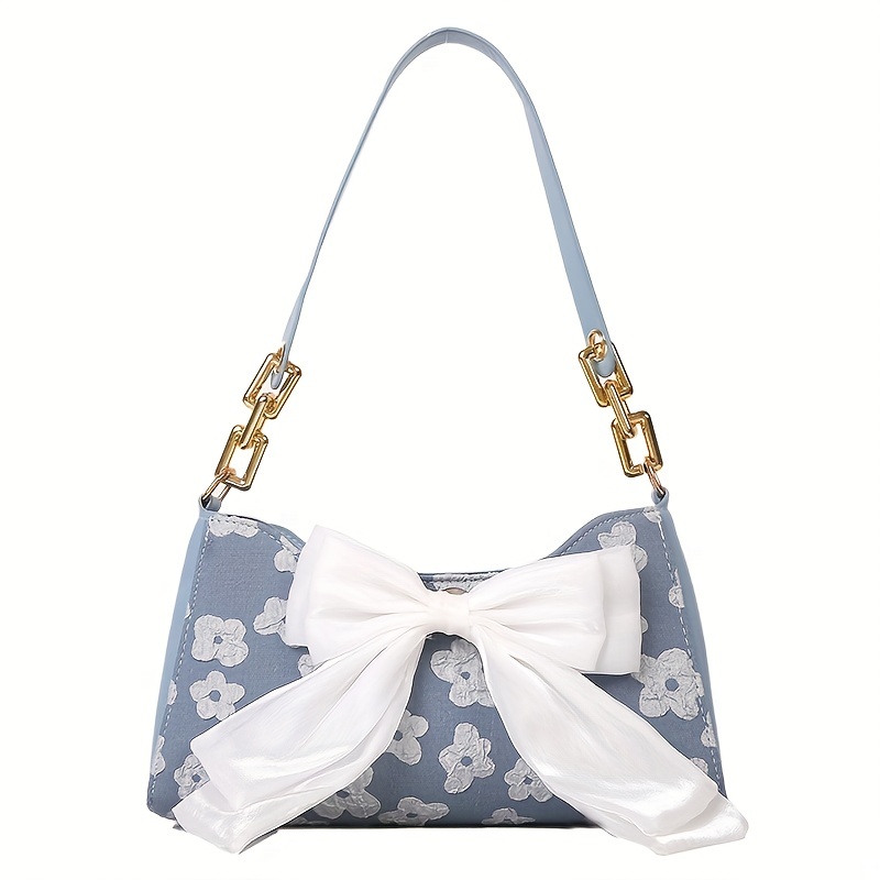 Floral Jacquard Faux Pearl & Chain Decor Shoulder Tote Bag