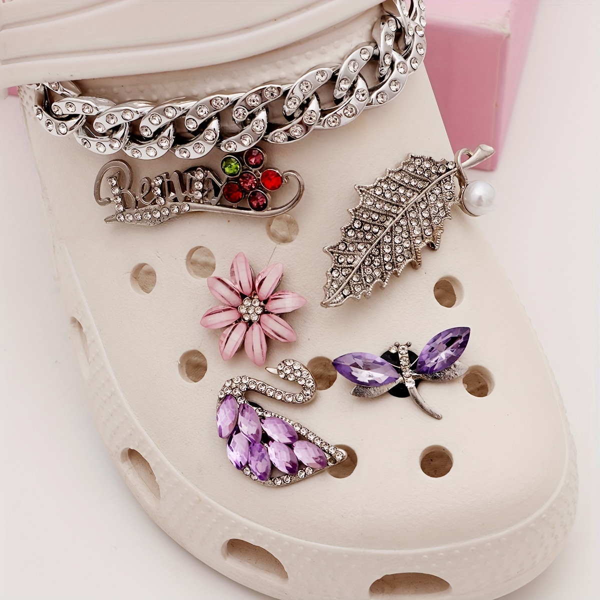 Bling Clogs Charms For Women With Silver-tone Shoe Chain For