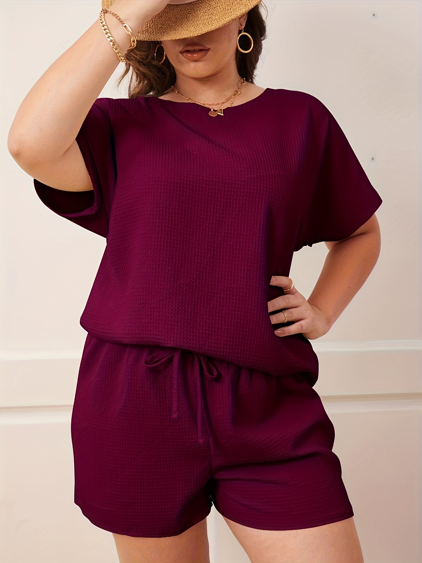 Plus Size Casual Outfits Set Women's Plus Solid Short Sleeve - Temu