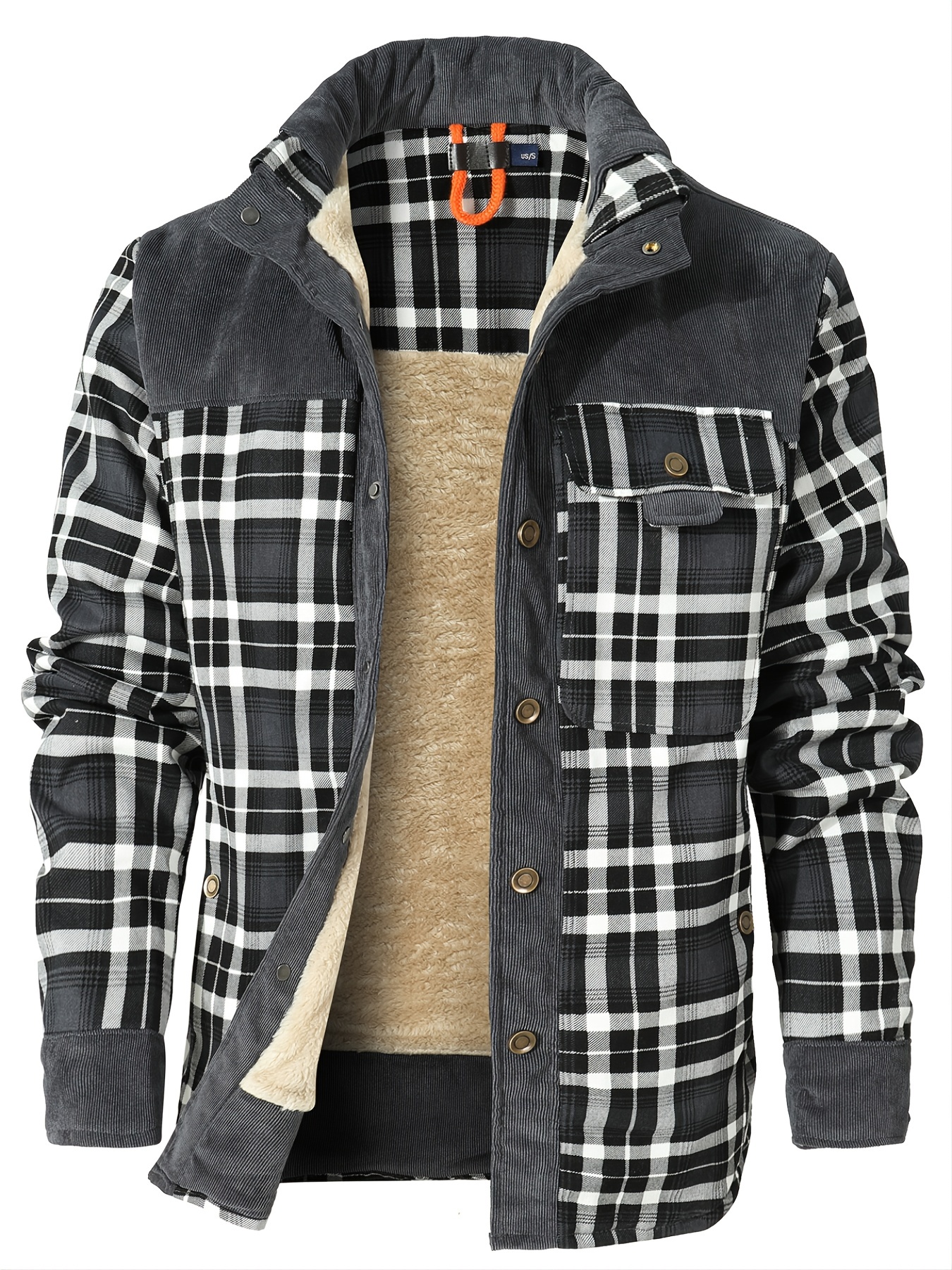 Men's Cotton Plaid Warm Fleece Drawstring Button Jacket - Temu