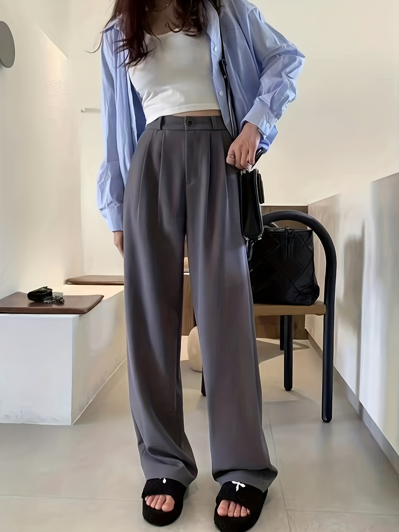 Straight Leg Trouser, High Waist Casual Pants for Spring & Fall