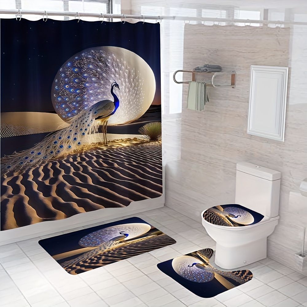 4pcs Seaside Castle Pattern Shower Curtain Set, Bathroom Rug, U-Shape Mat,  Toilet Lid Pad, Waterproof Curtain With 12 Hooks, Aesthetic Bathroom Decora