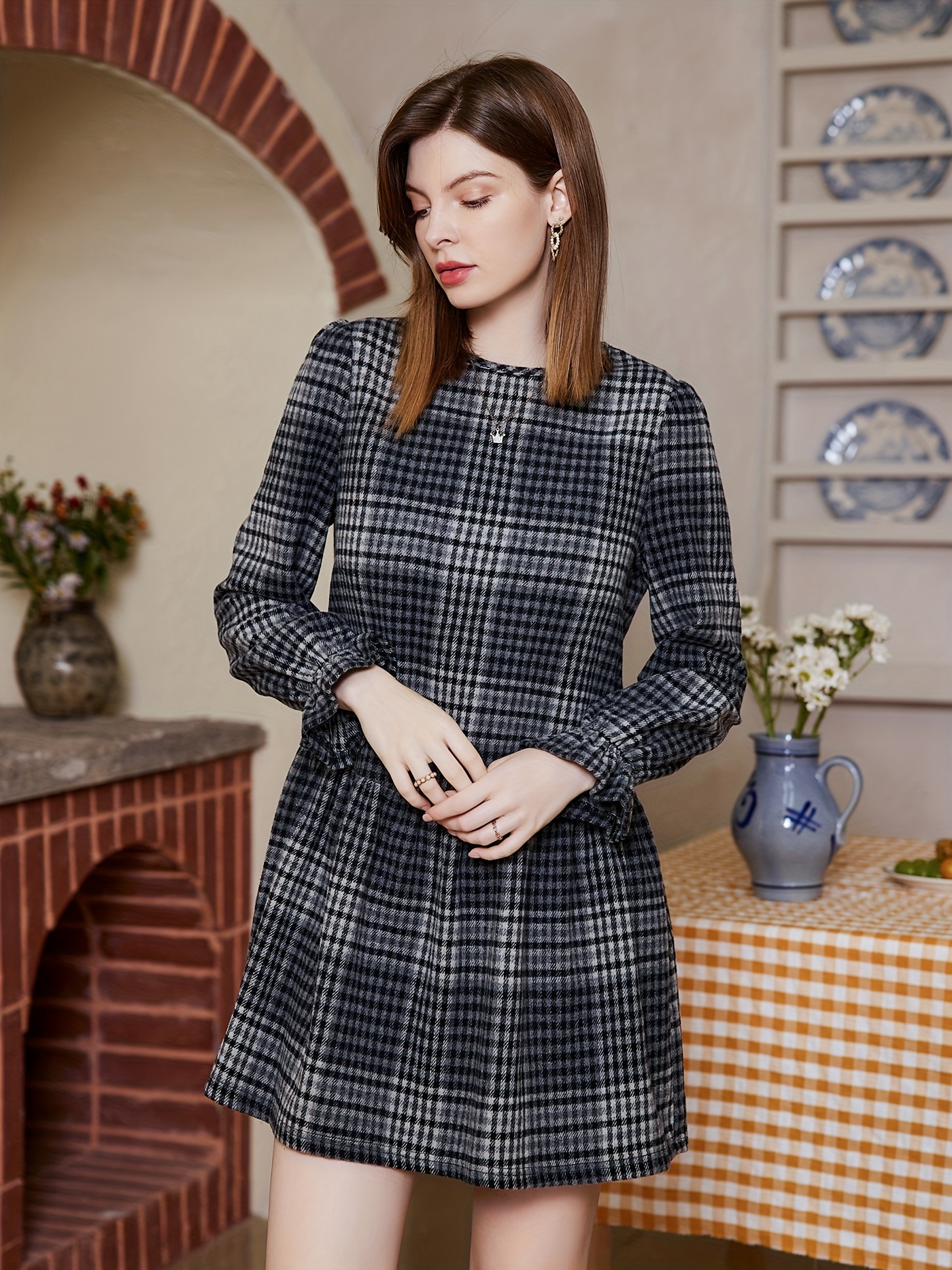 Plaid Pattern Pleated Dress Vintage Crew Neck Long Sleeve - Temu