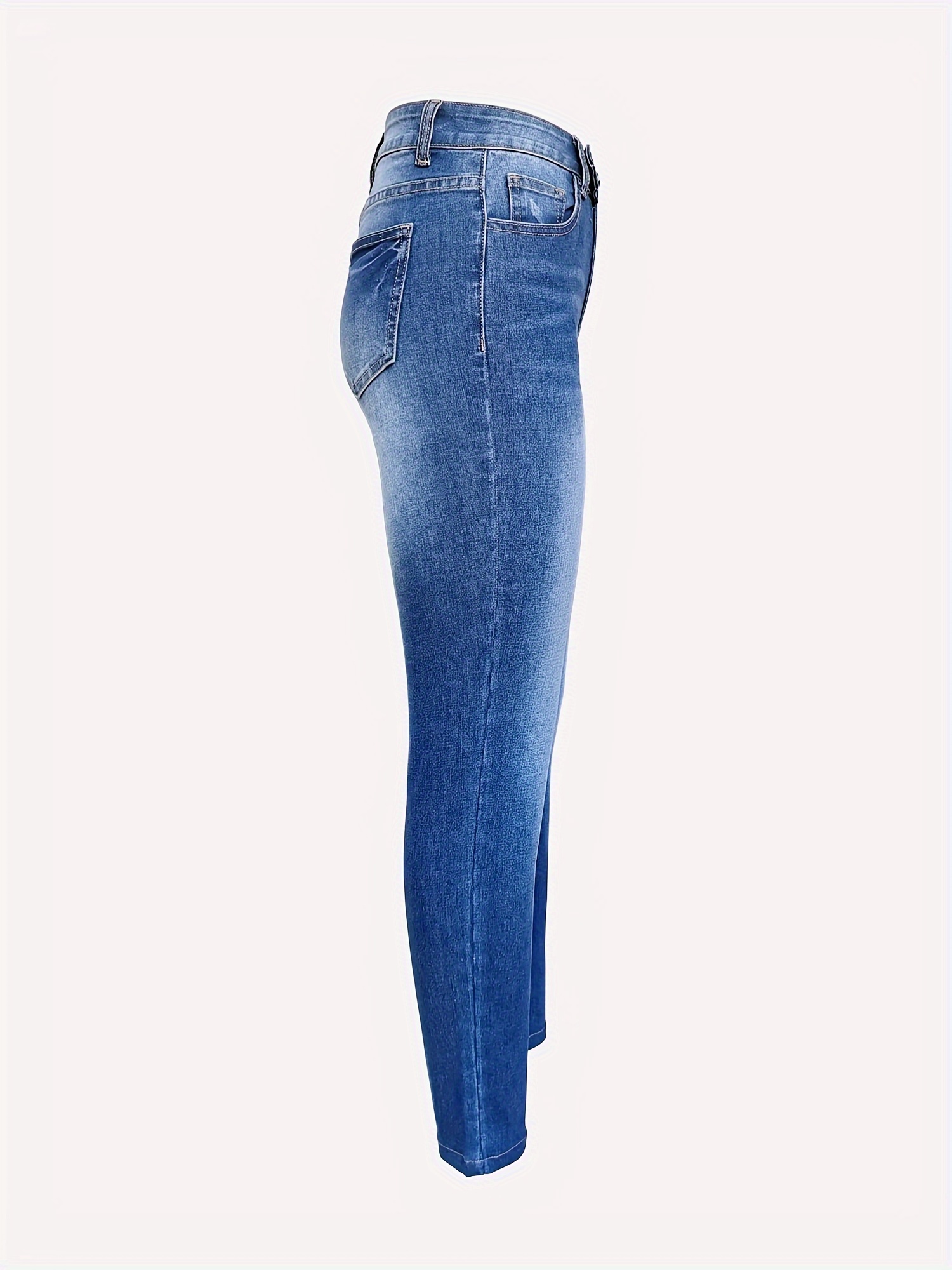 Double Button Ripped Skinny Jeans, High * Washed Blue Stretchy Denim Pants,  Women's Denim Jeans & Clothing