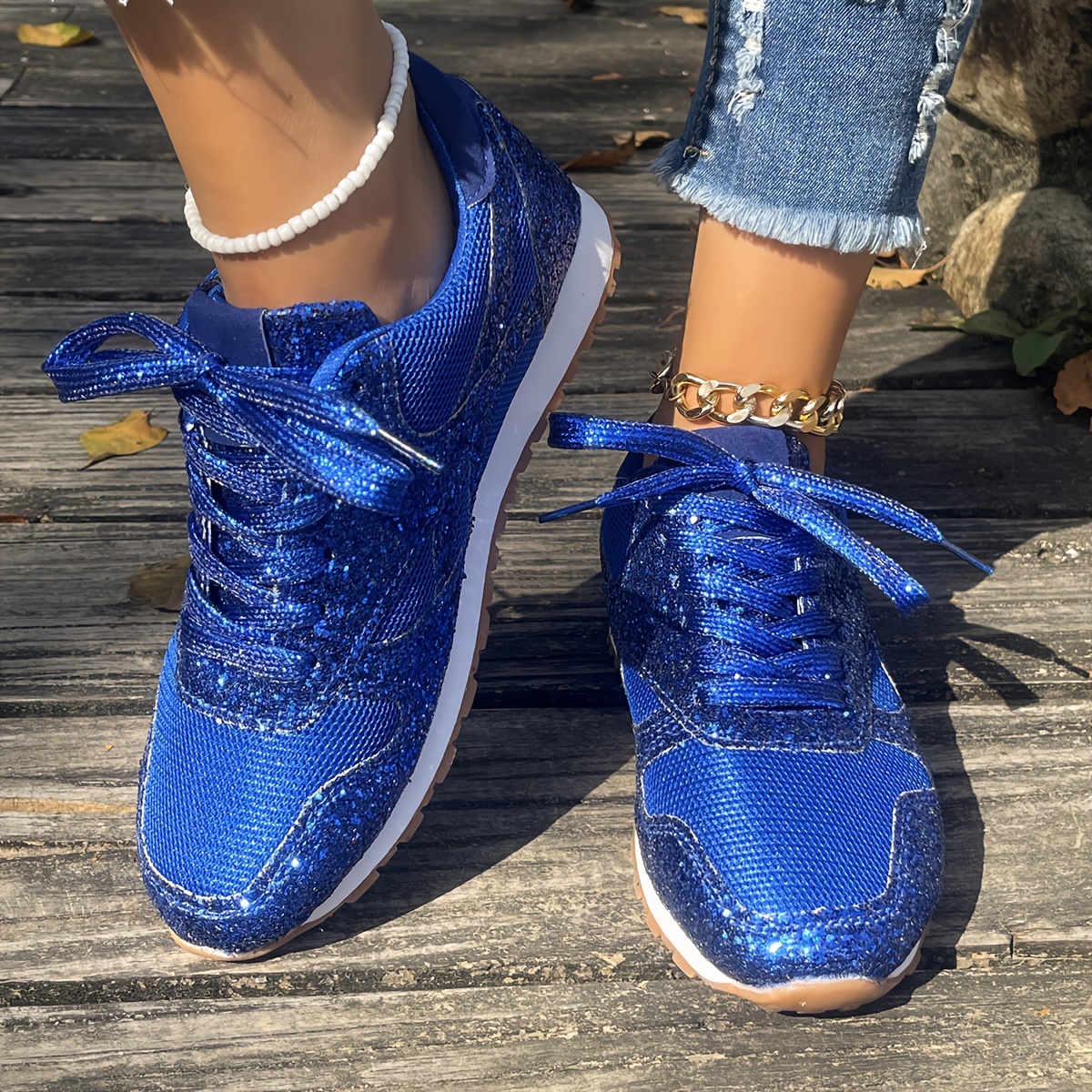 Women's Glitter Sequin Running Shoes Lace Up Thick Sole - Temu