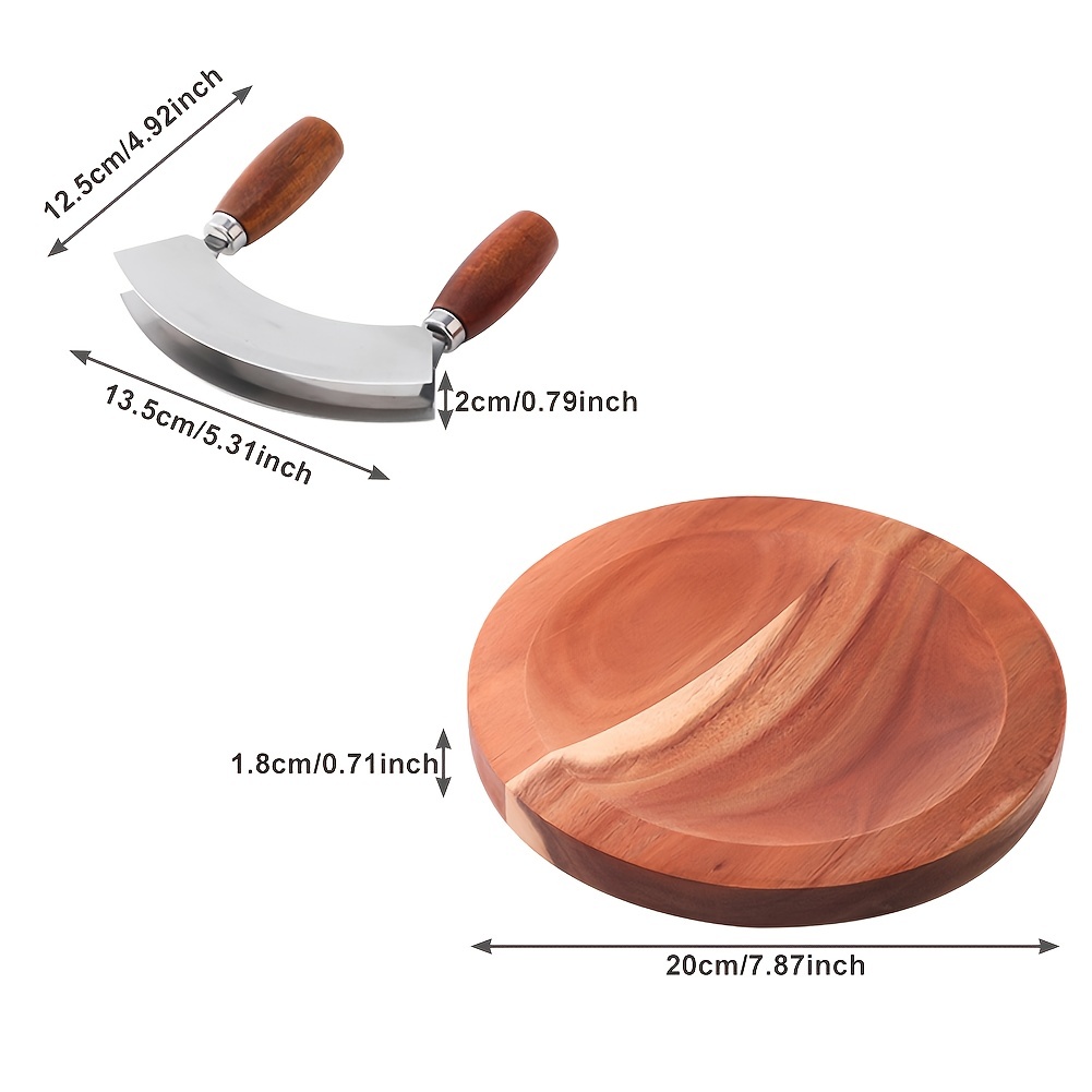 Navaris Cutting Board & Mezzaluna Knife - Wooden Chopping Board & 2-Bladed  Curved Herb Cutter - Round Acacia Wood Board & Double Blade Rocker Chopper