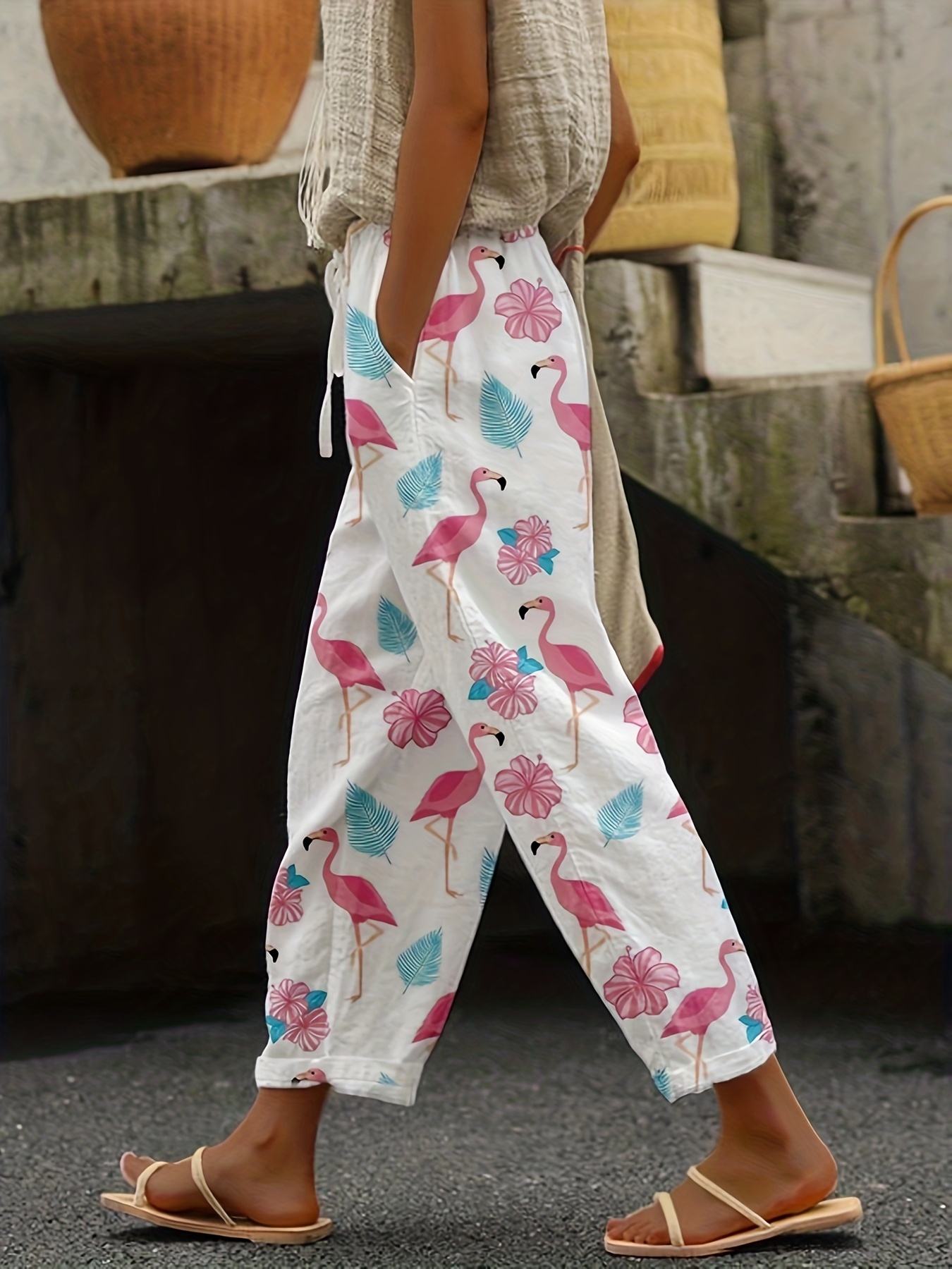 Cute Flamingo Pattern Wide Leg Pants, Casual Loose Drawstring Pants For  Spring & Summer, Women's Clothing
