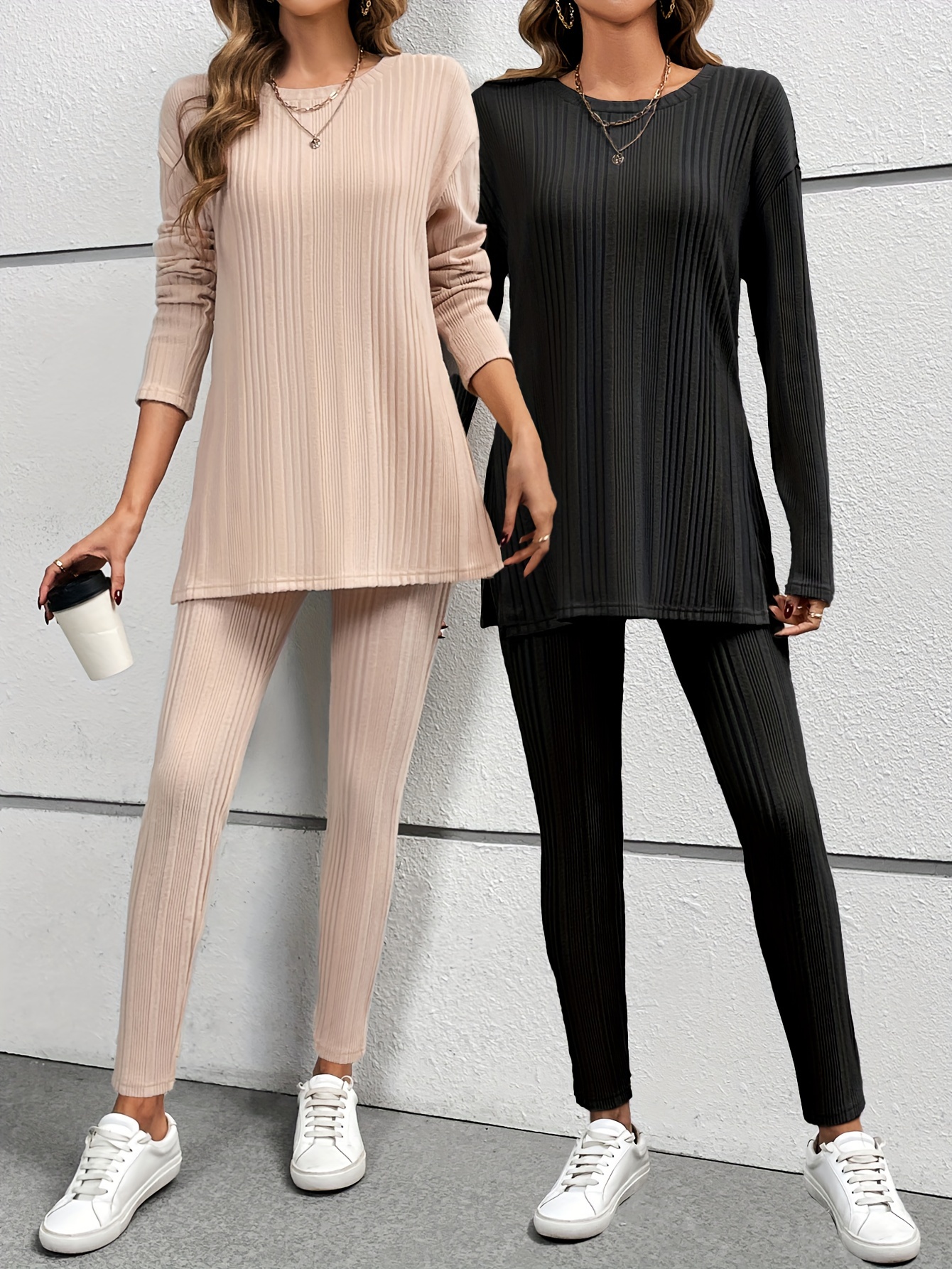 2 Packs Casual Solid Two-piece Pants Set, Long Sleeve Crew Neck Split Top &  Skinny Ribbed High Waist Pants Outfits, Women's Clothing