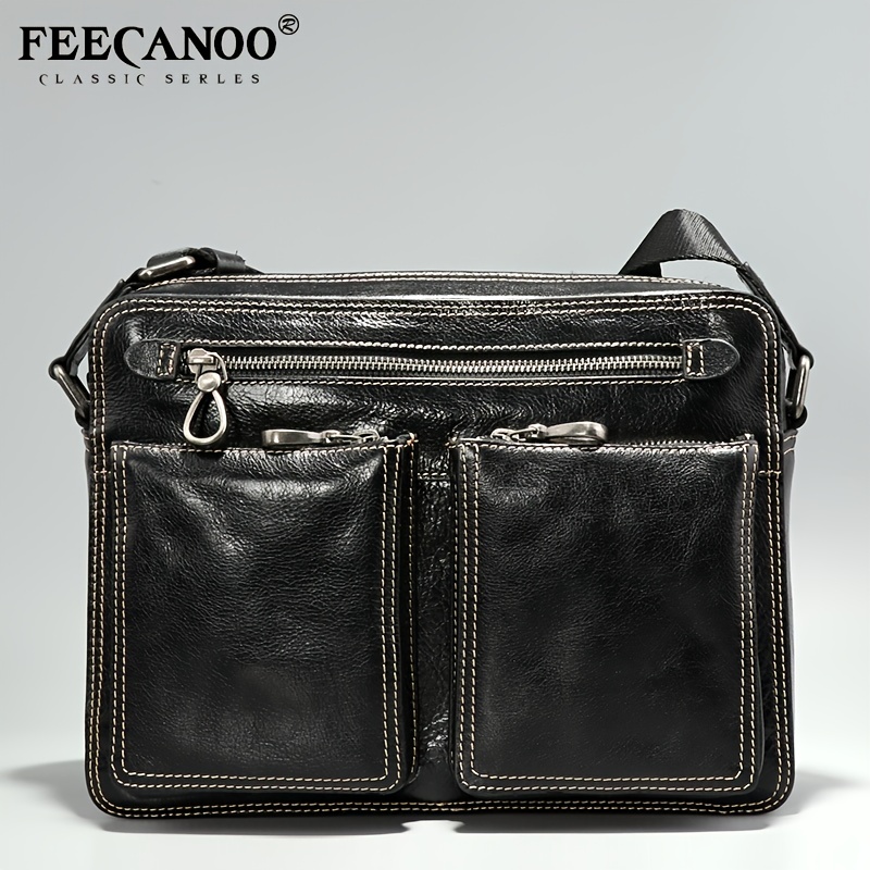 Mens Black Leather Genuine Messenger Bag - Temu