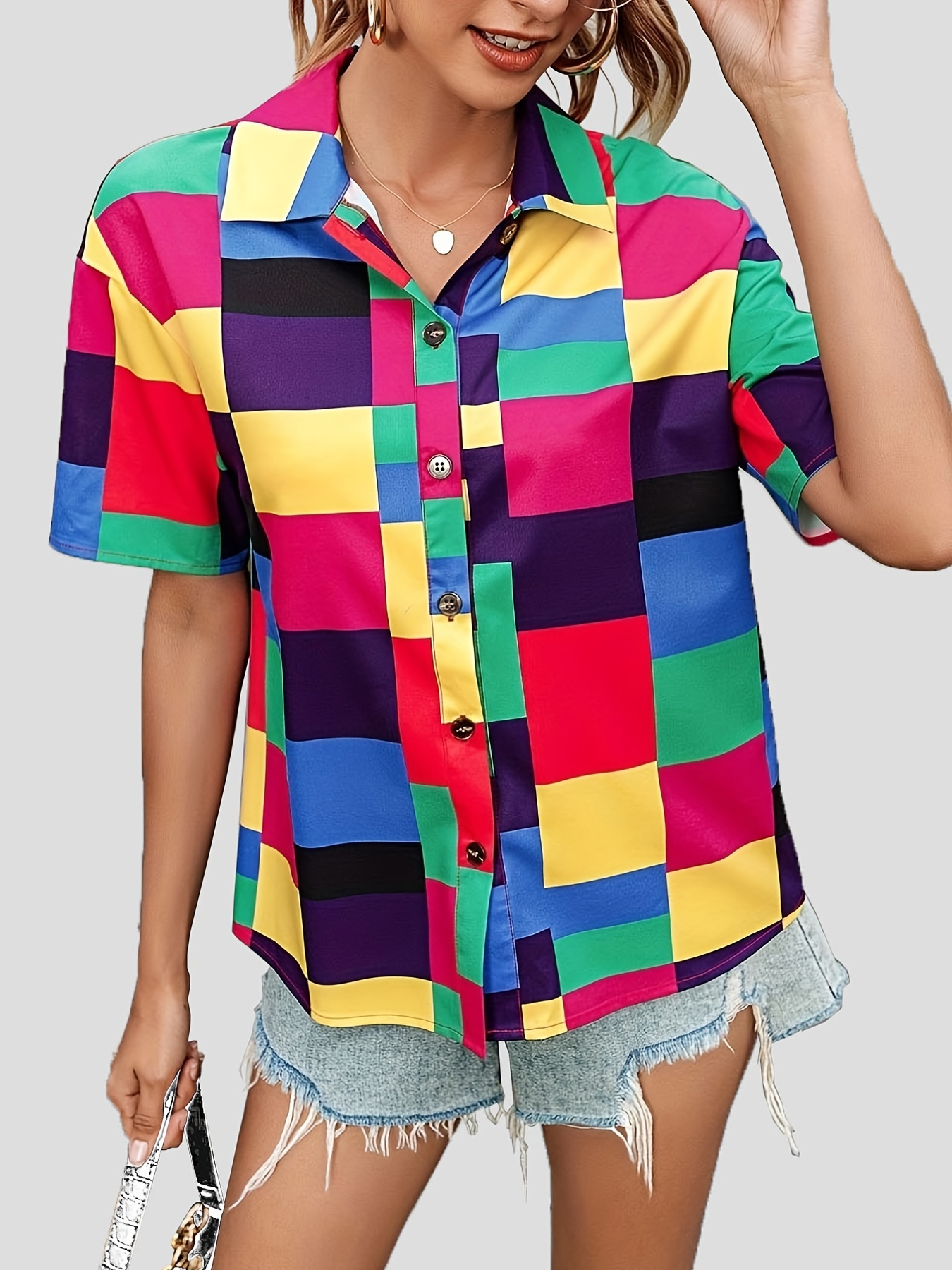 Color Block Shirt, Button Down Short Sleeve Shirt, Casual Every Day Tops,  Women's Clothing