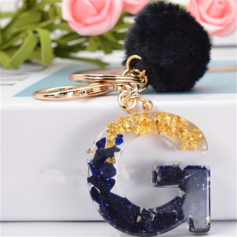 Personalised Letter Keychain A-Z With Pompom Handmade Resin 