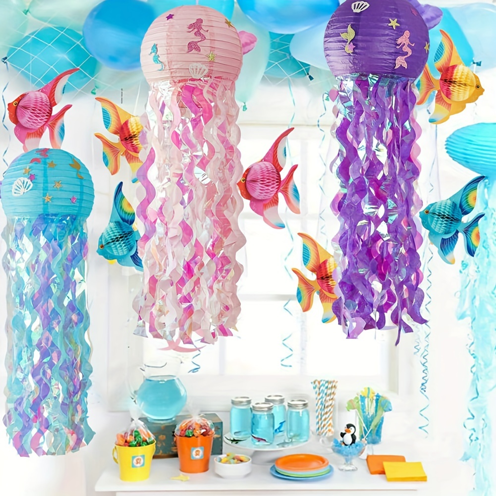  Mermaid Birthday Decorations, 4 Pcs Hanging Sea Theme Jellyfish  Lanterns, Jelly Fish Lamps for Party Decoration, Ocean Jellyfish Lights  Lantern Lamp for Ceiling Décor : Everything Else