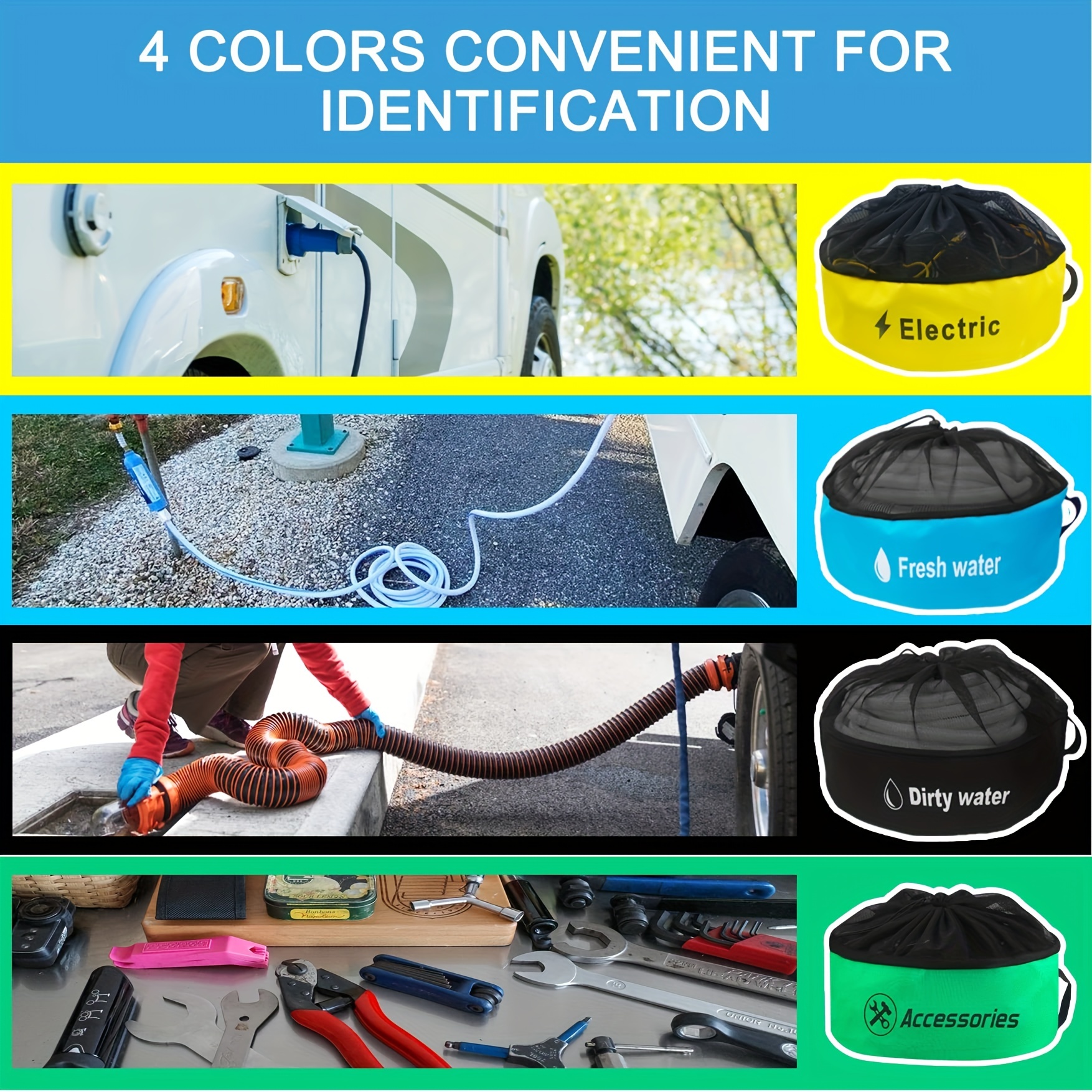 4 Pack Waterproof RV Hose Storage Bags, RV Accessories for Inside, RV  Utility Bag for 4 Colors Organization, Store Your Fresh Water Sewer Hoses
