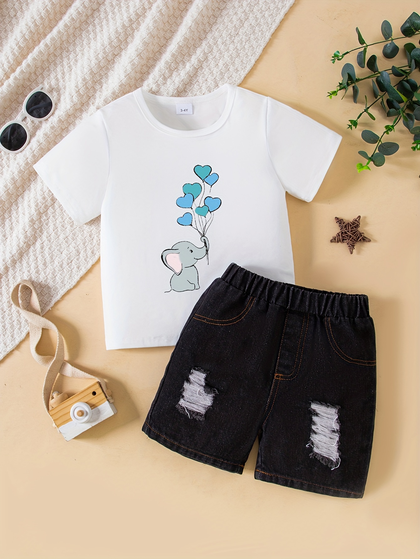100% Cotton 2pcs Baby Boy/Girl Letter Print Colorblock Raglan-sleeve T-shirt and Ripped Denim Shorts