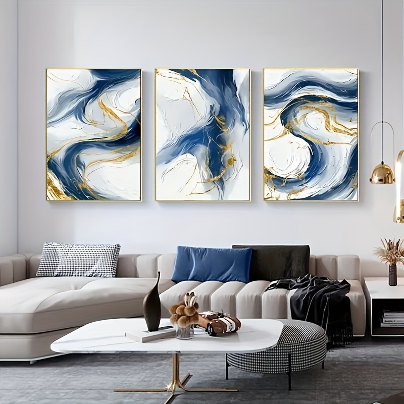 3 Pezzi Set Pittura Moderna Arte Parete Blu Dorato Astratto - Temu Italy