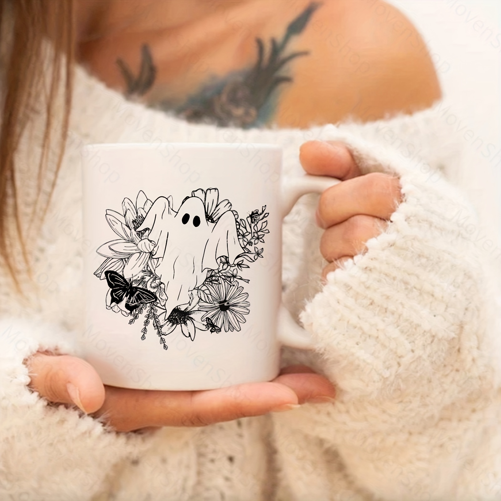 Ghost and Flowers Cup, Ghost Floral Cup, Halloween Cup with Lid