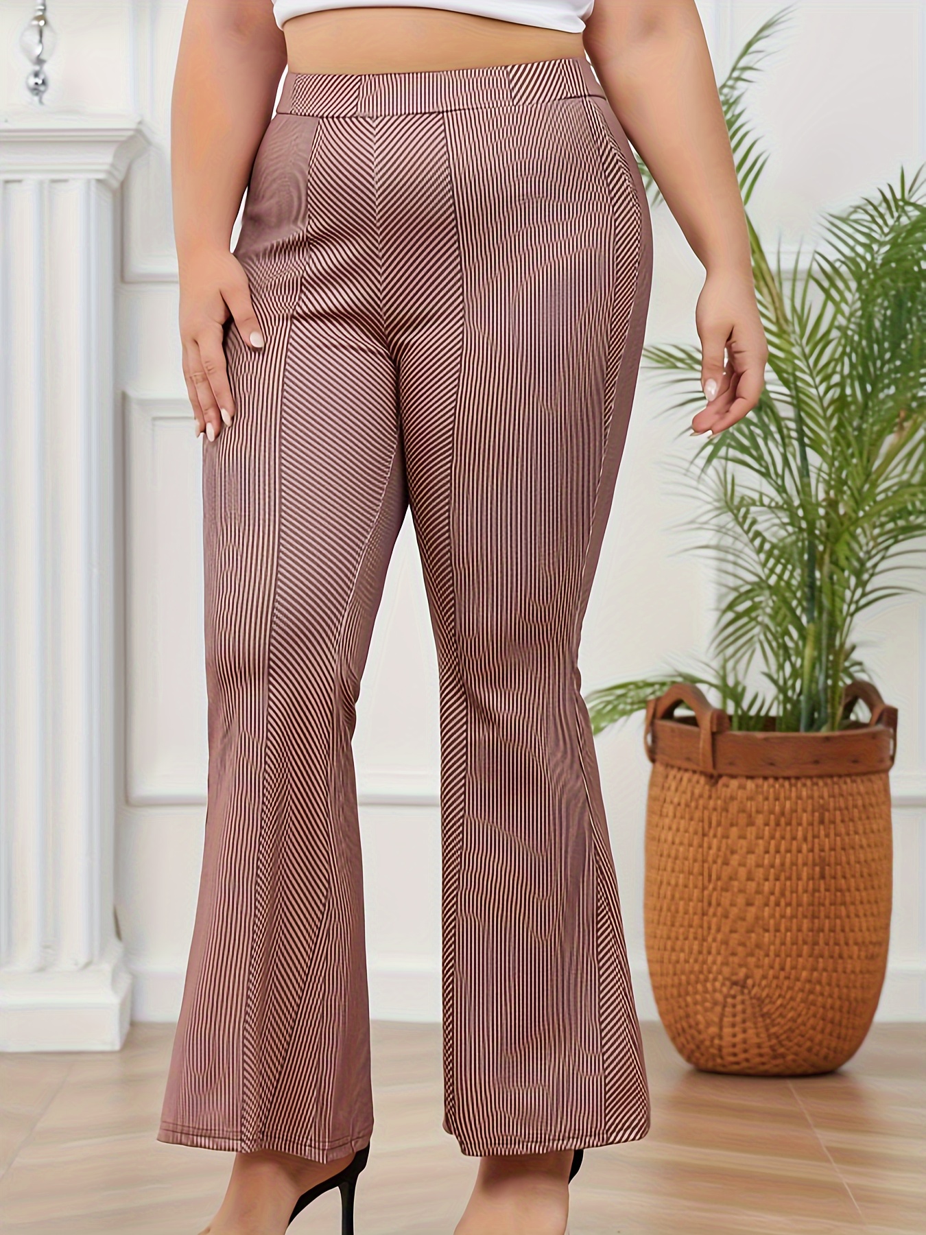 plus size casual pants womens plus stripe print high rise slight stretch flared leg trousers details 3