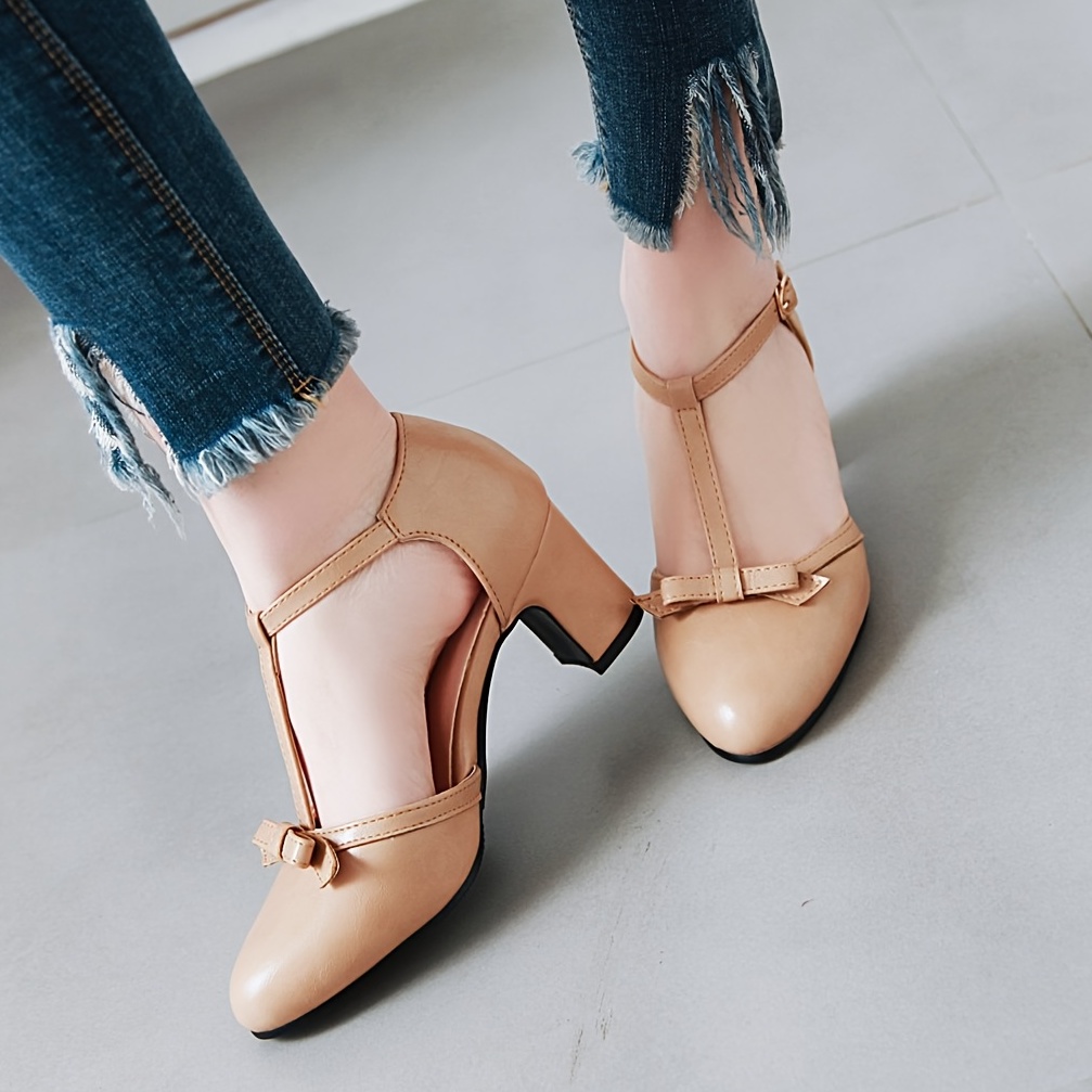 Women's Bowknot T-strap Chunky High Heels, Solid Color Pointed Toe